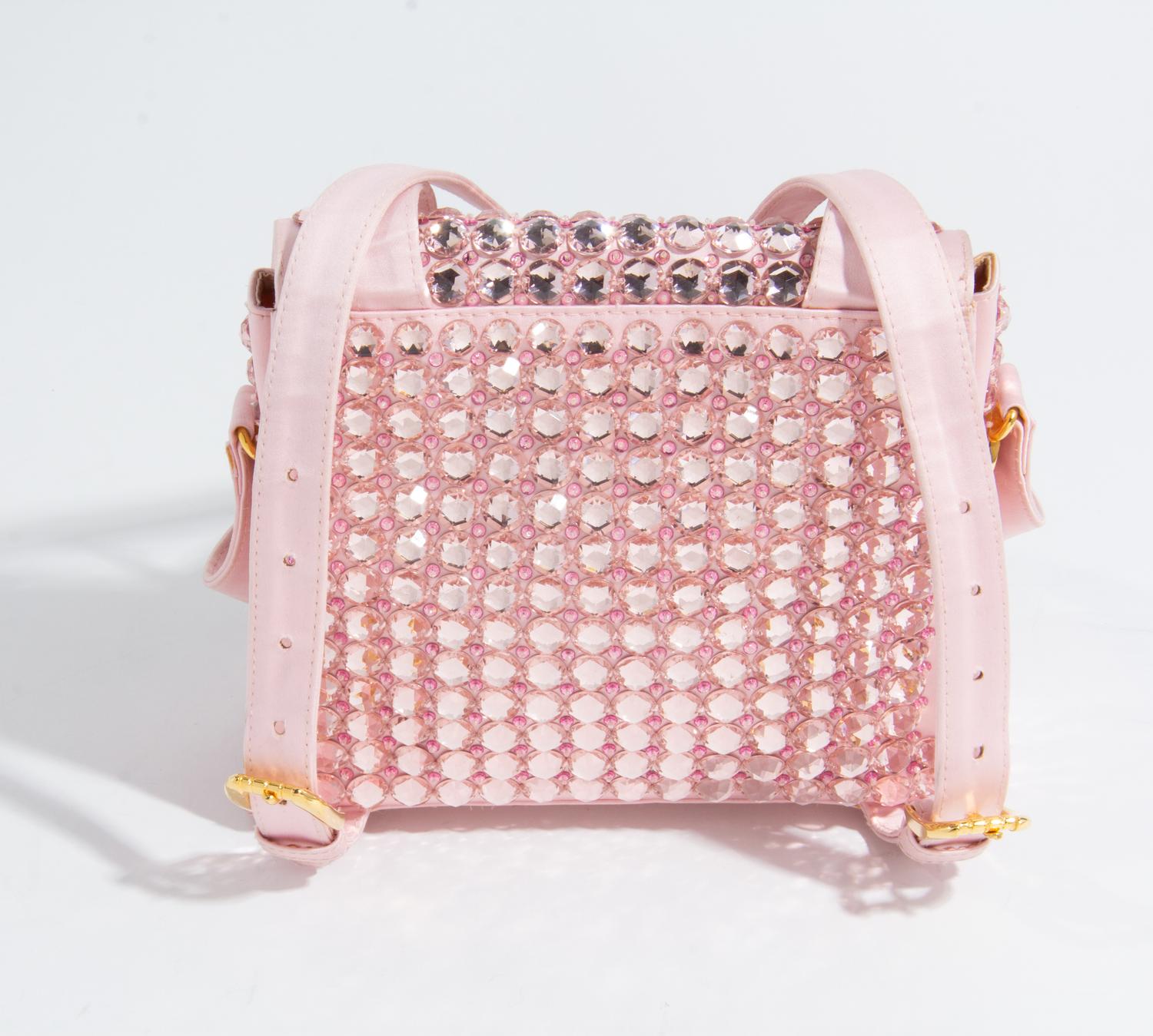 A Gianni Versace Pink Silk and Rhinestone Backpack, 8.5" x 7" x 2.75"; Handle drop: 6".