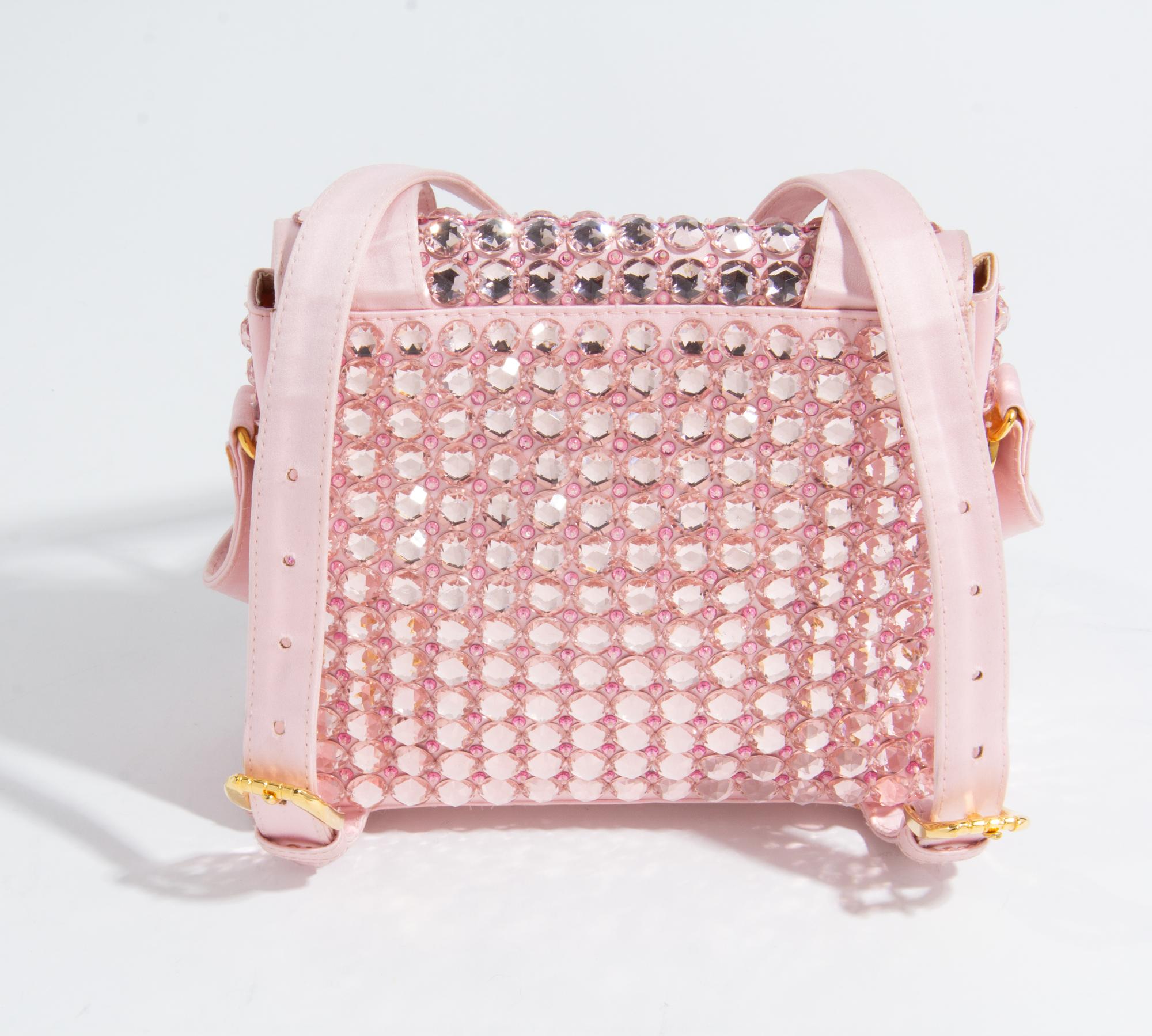 A Gianni Versace Pink Silk and Rhinestone Backpack, 8.5" x 7" x 2.75"; Handle drop: 6".