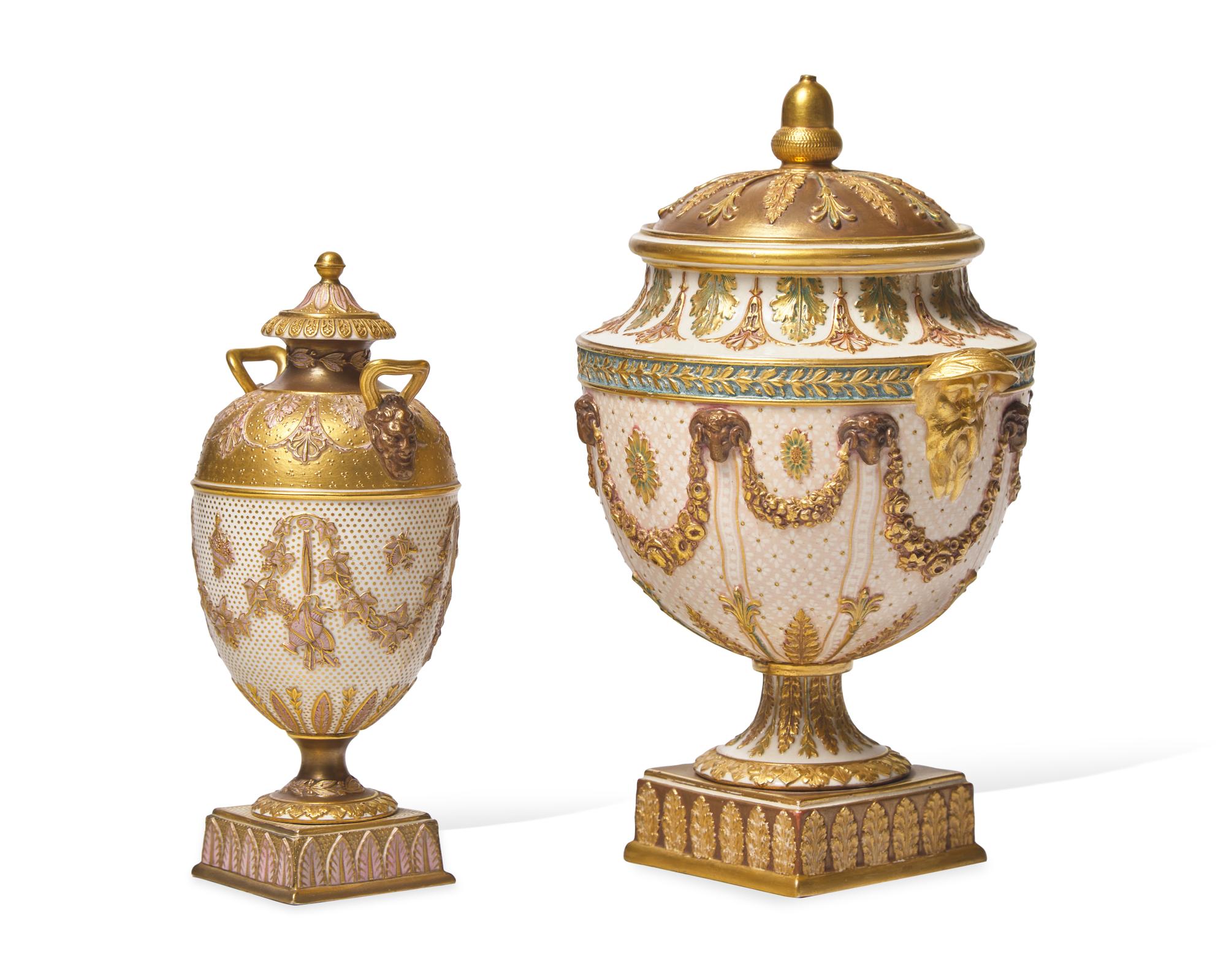 Two Wedgwood Queensware Parcel-Gilt and Bronzed Covered Vases