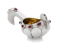 A Russian Silver and Jeweled Kovsh, Mark of K. Faberge, kokoshnik mark obscured, late 19th/early 20th century, having a lobed body, the