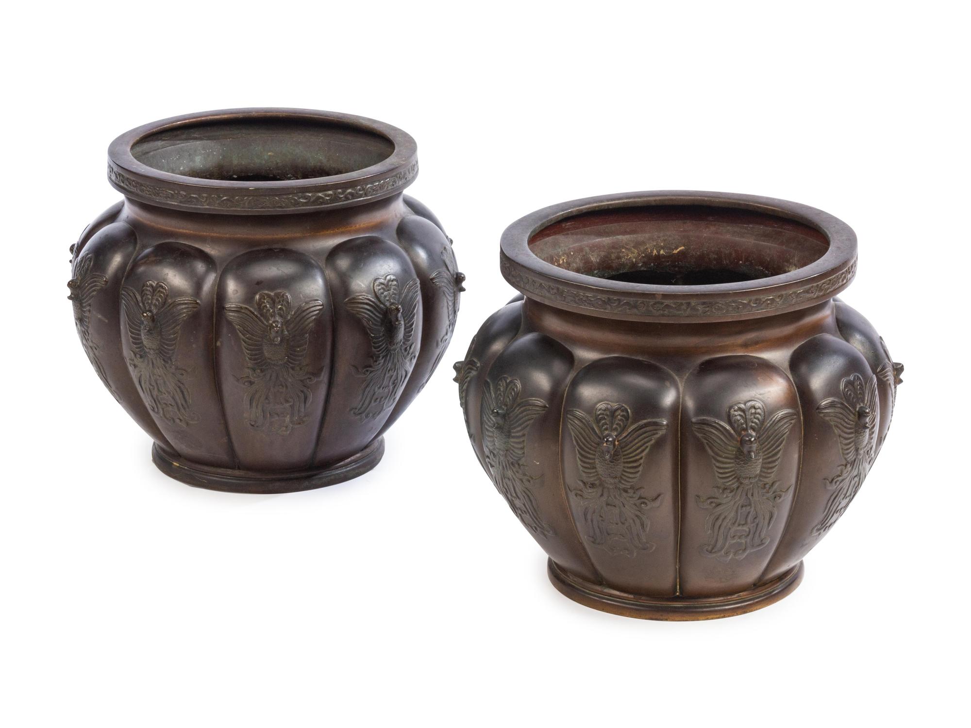 A Pair of Japanese Patinated Metal Jardinières