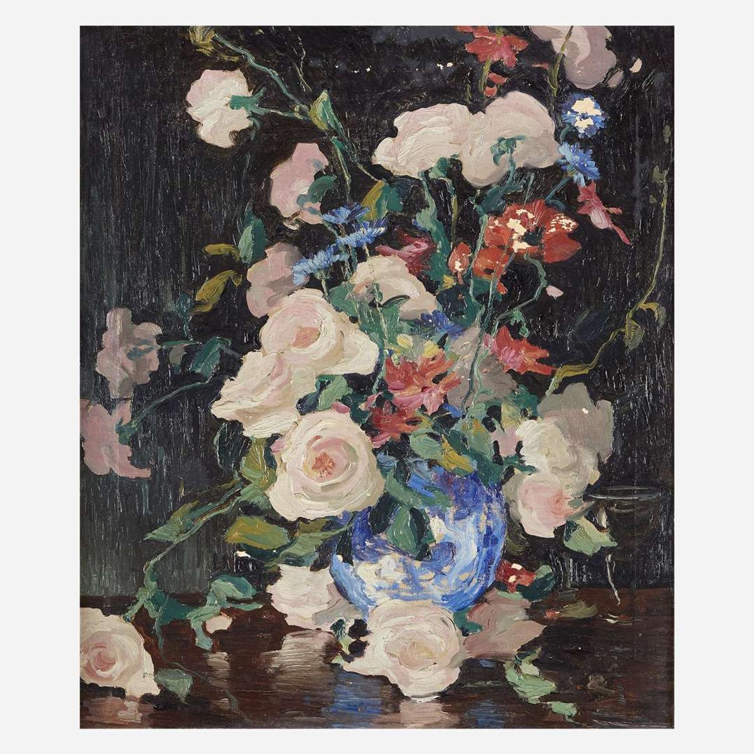 Jonas Lie (American/Norwegian, 1880–1940) Still Life with Roses, Poppies and Cornflowers in a Blue Porcelain Vase