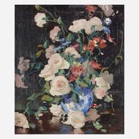 Jonas Lie (American/Norwegian, 1880–1940) Still Life with Roses, Poppies and Cornflowers in a Blue Porcelain Vase