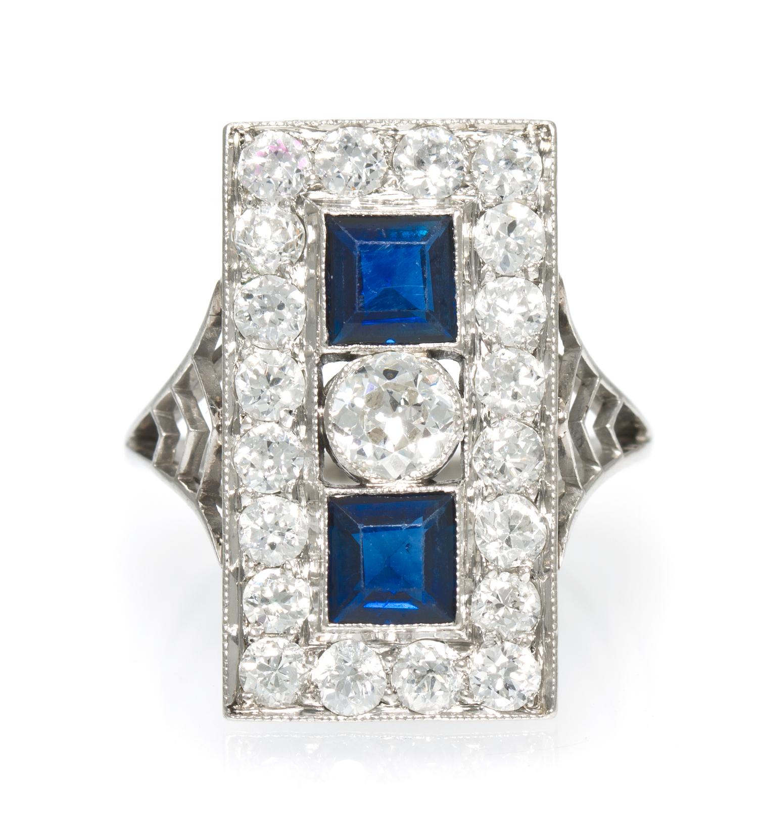 An Art Deco Platinum, Diamond and Sapphire Ring, 2.55 dwts.