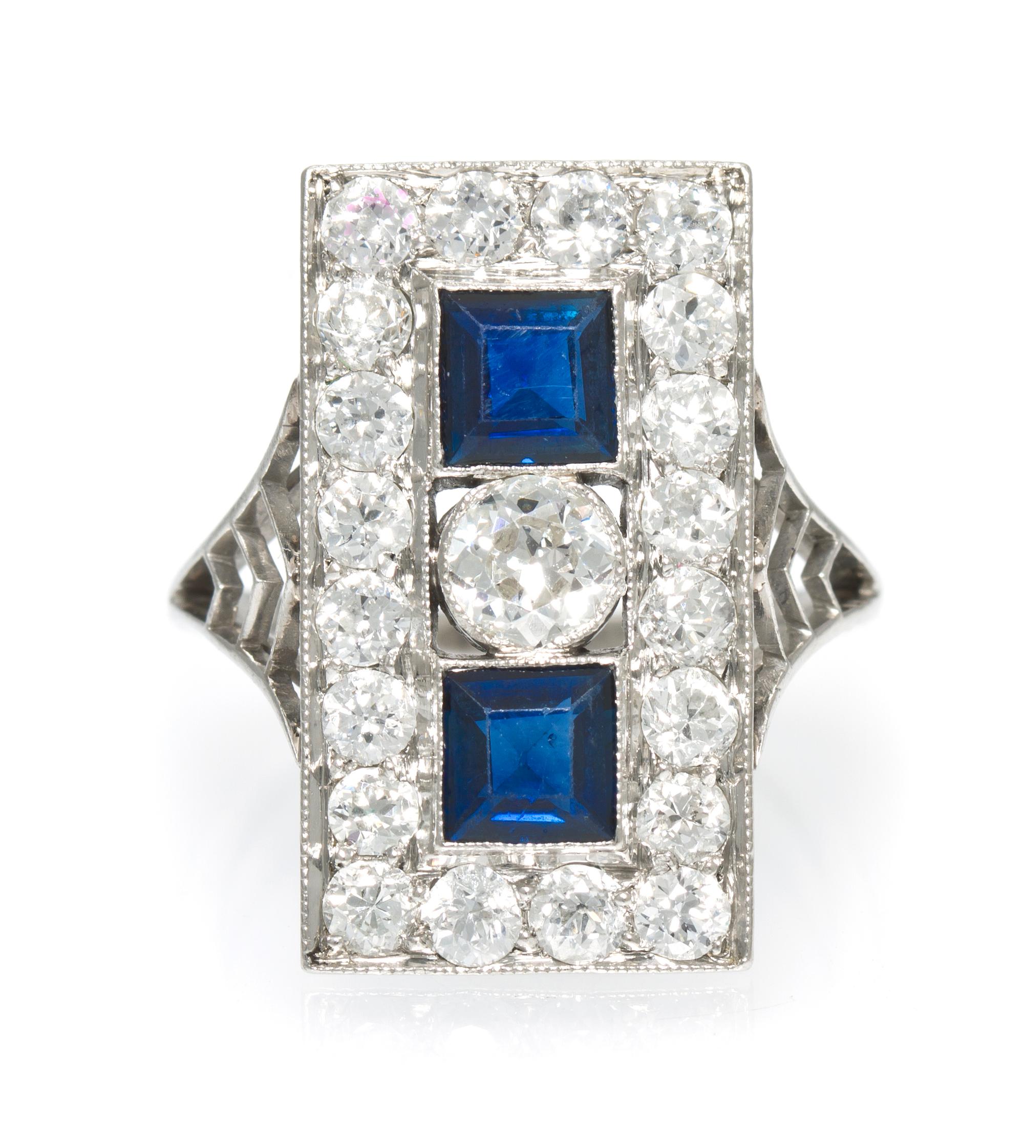 An Art Deco Platinum, Diamond and Sapphire Ring, 2.55 dwts.