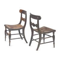 A Set of Four Classical Parcel-Gilt, Grain-Painted and Stenciled Rush-Seat Side Chairs