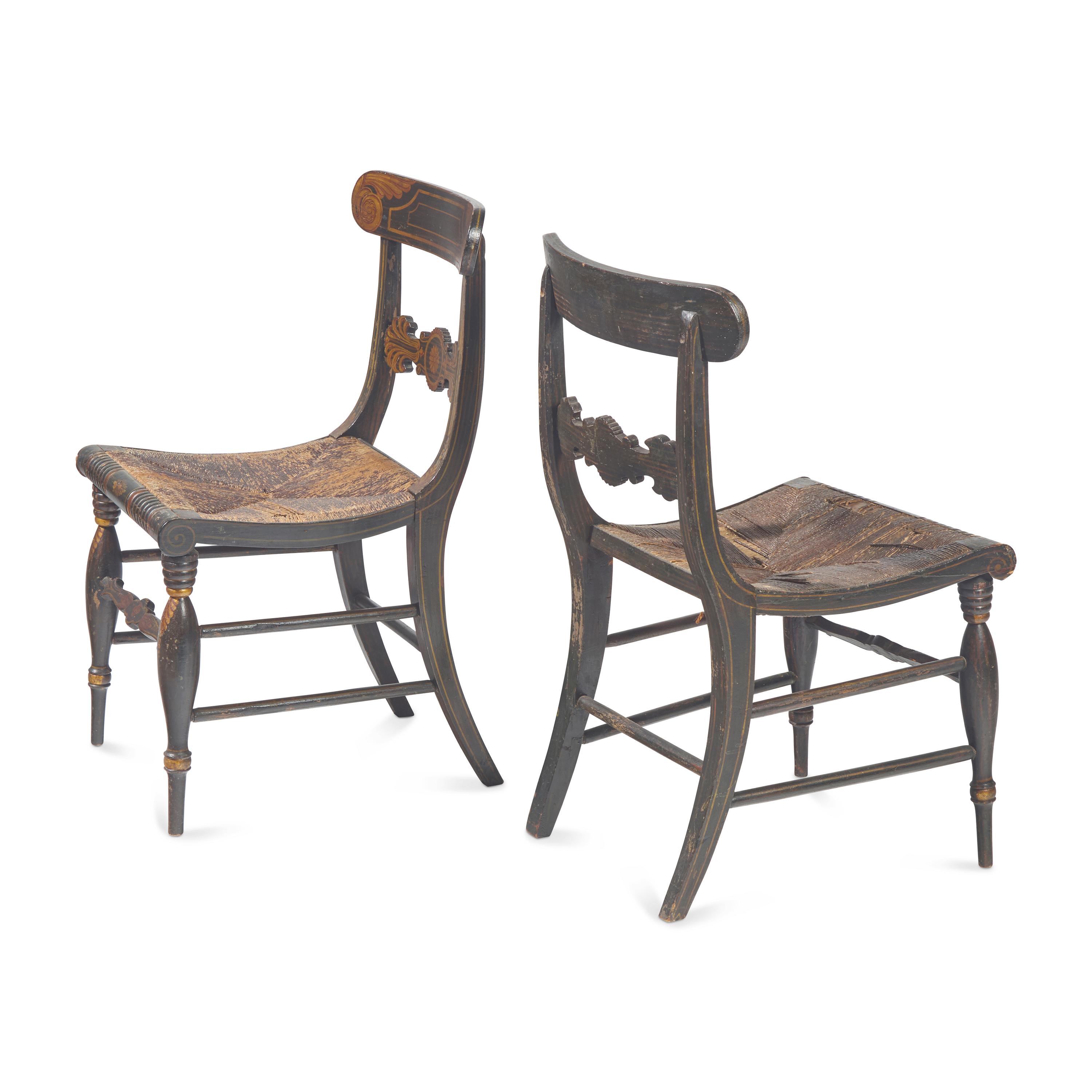 A Set of Four Classical Parcel-Gilt, Grain-Painted and Stenciled Rush-Seat Side Chairs
