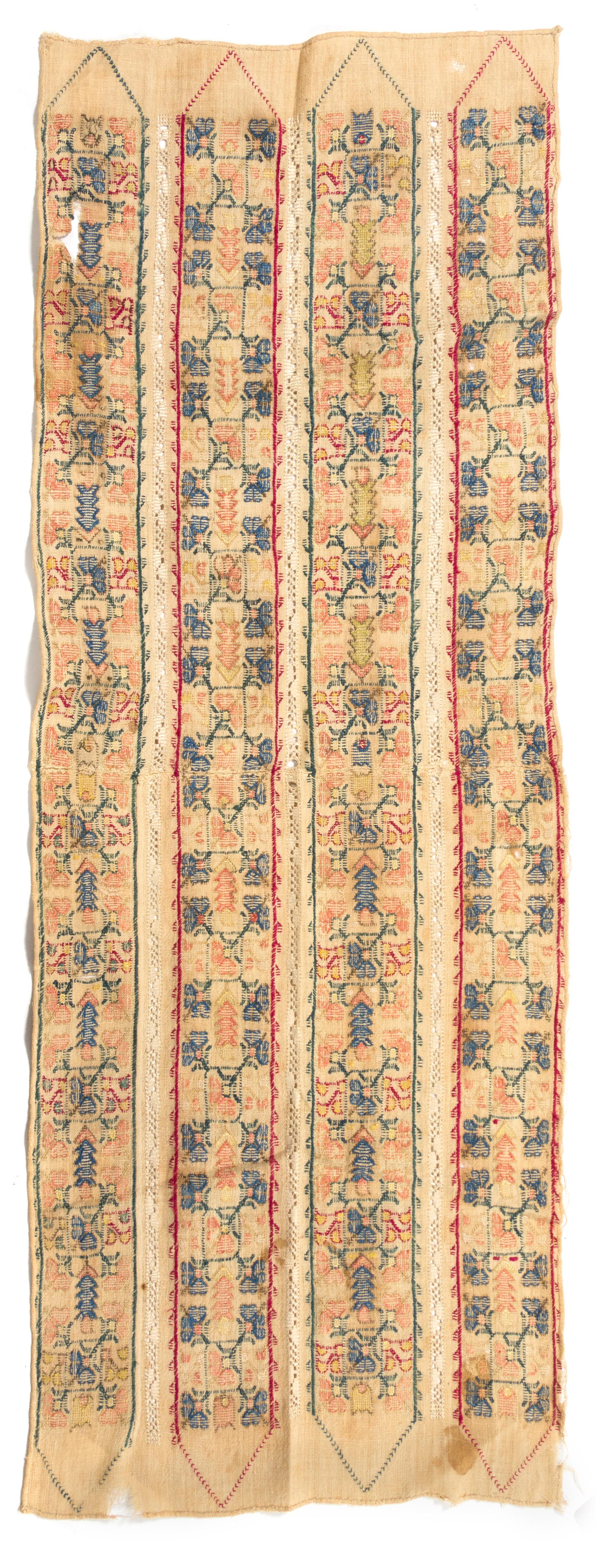 An Ottoman Embroidered Linen Panel 15 x 43 inches. — 19TH CENTURY