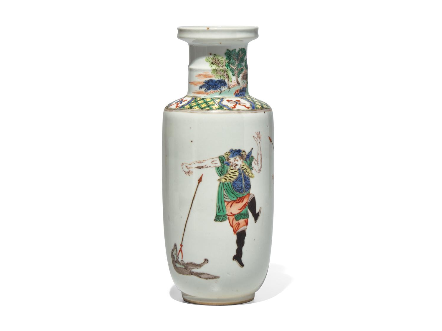 An Unusual Chinese Famille Verte Small Rouleau Vase, 19th century