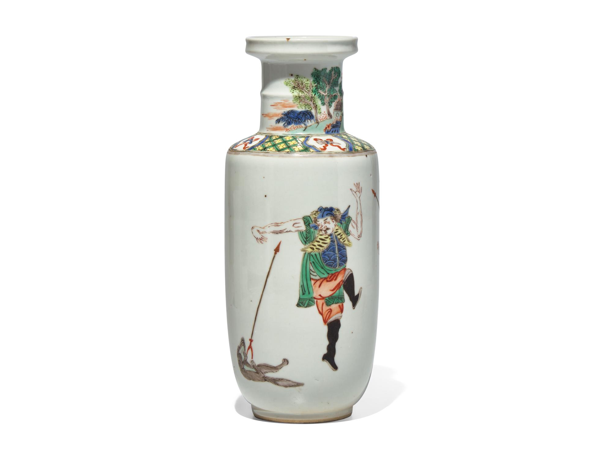 An Unusual Chinese Famille Verte Small Rouleau Vase, 19th century