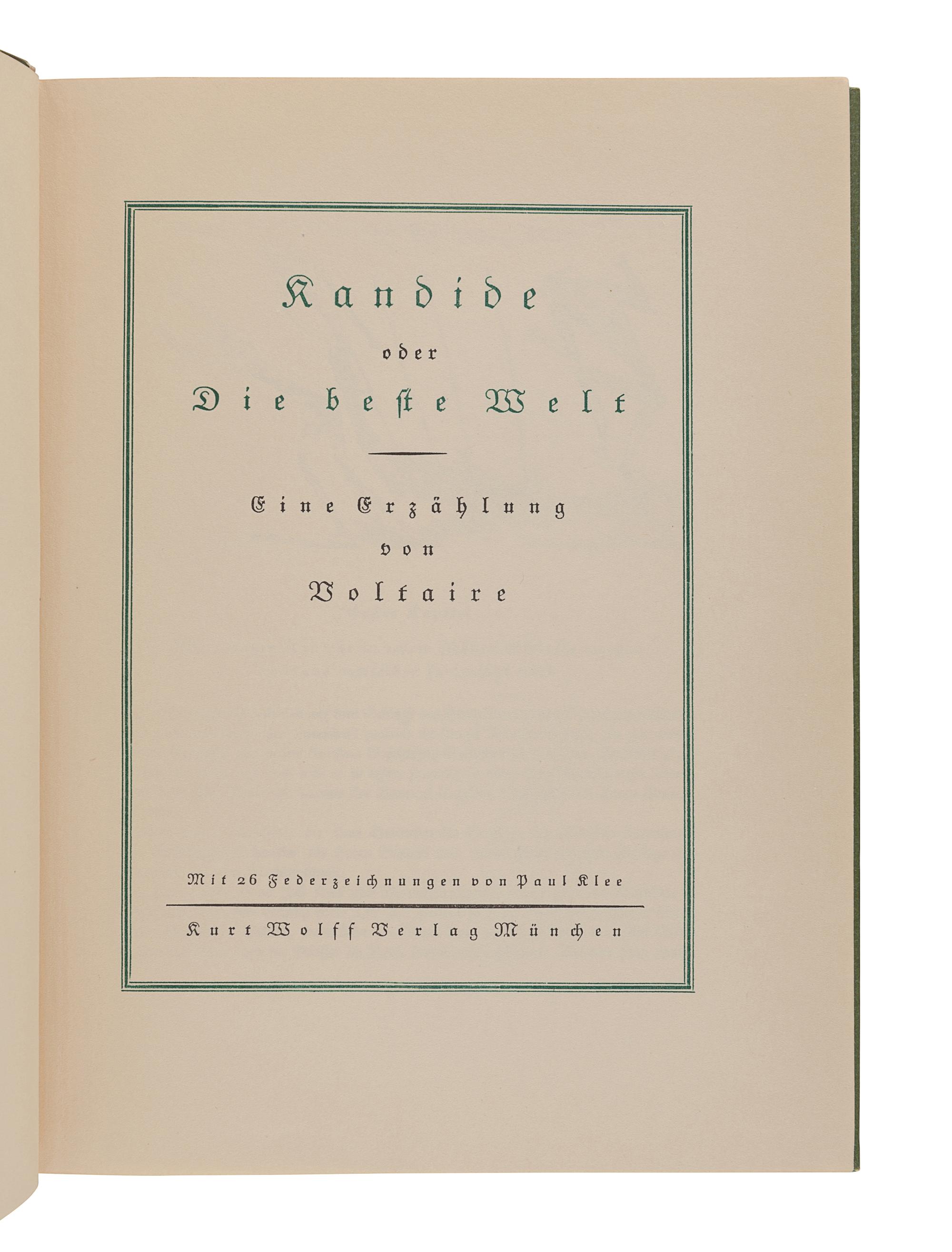 KLEE, Paul (1879-1940), illustrator. -- VOLTAIRE, Francois Marie Arouet de (1694-1778). Kandide, oder Die beste Welt . Munich: Kurt Wolff, [1920].