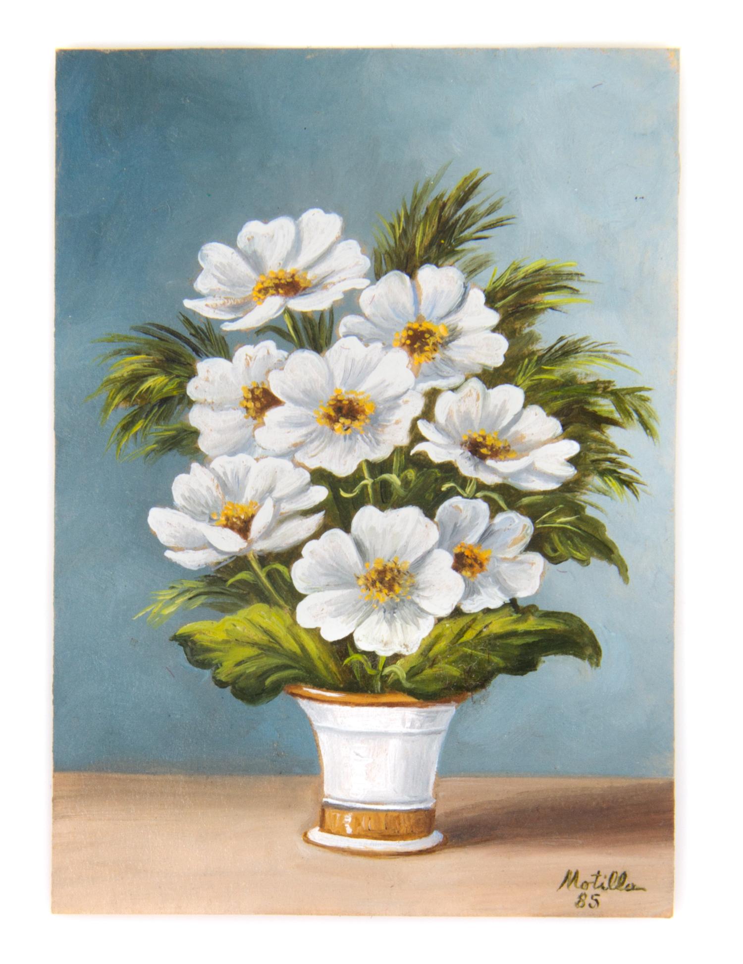 Motilla, (20th Century), Naval Ships (two works), Village Scene, River Scene and Floral Bouquet (five works total)