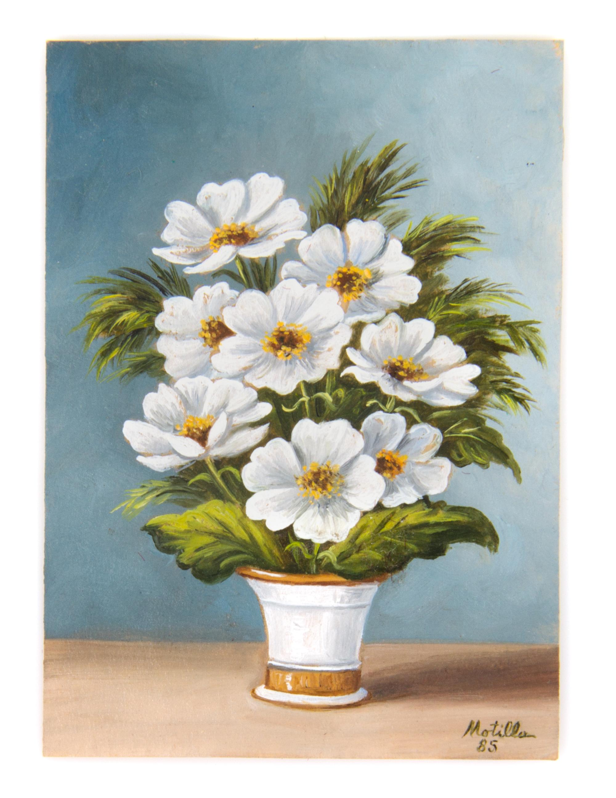 Motilla, (20th Century), Naval Ships (two works), Village Scene, River Scene and Floral Bouquet (five works total)