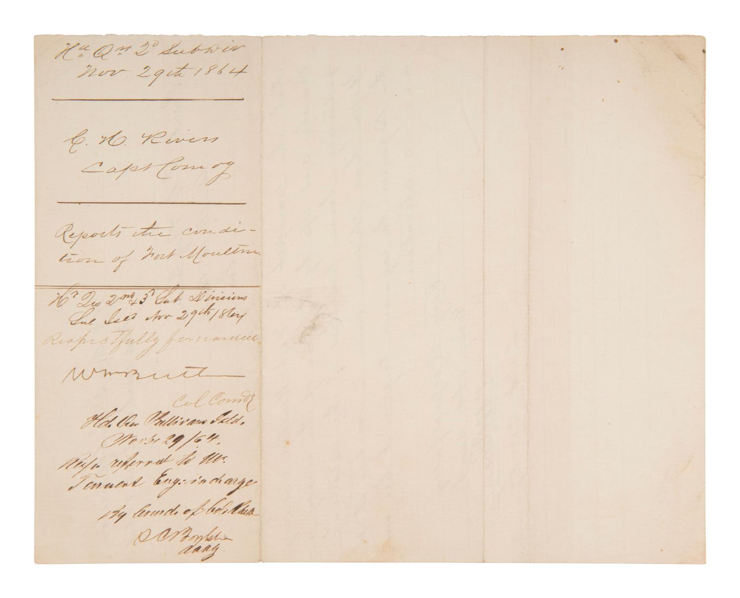 [CIVIL WAR]. 1st SC Inf. report re: bombardment of Fort Moultrie, "cut up by the fire of the enemy."