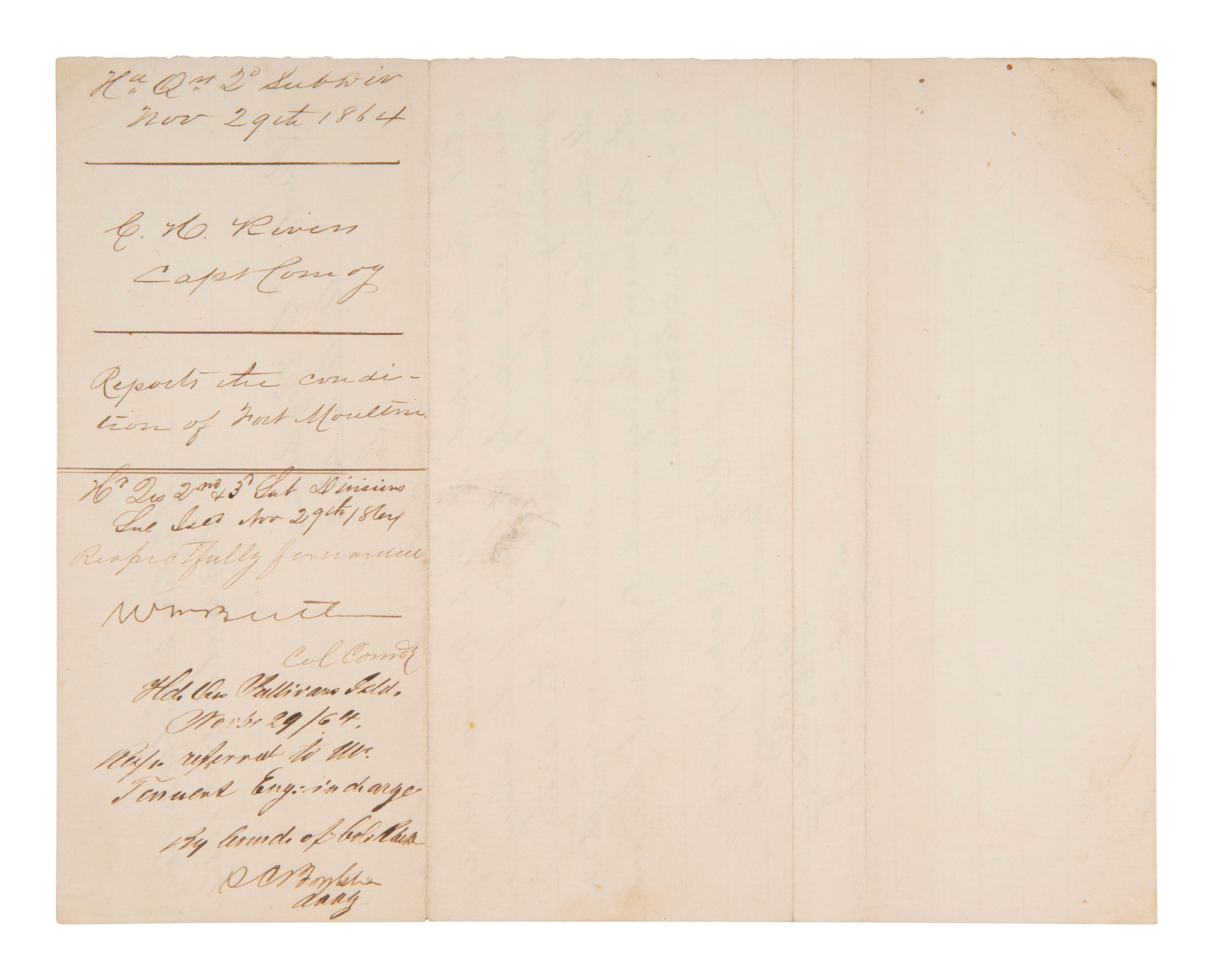 [CIVIL WAR]. 1st SC Inf. report re: bombardment of Fort Moultrie, "cut up by the fire of the enemy."