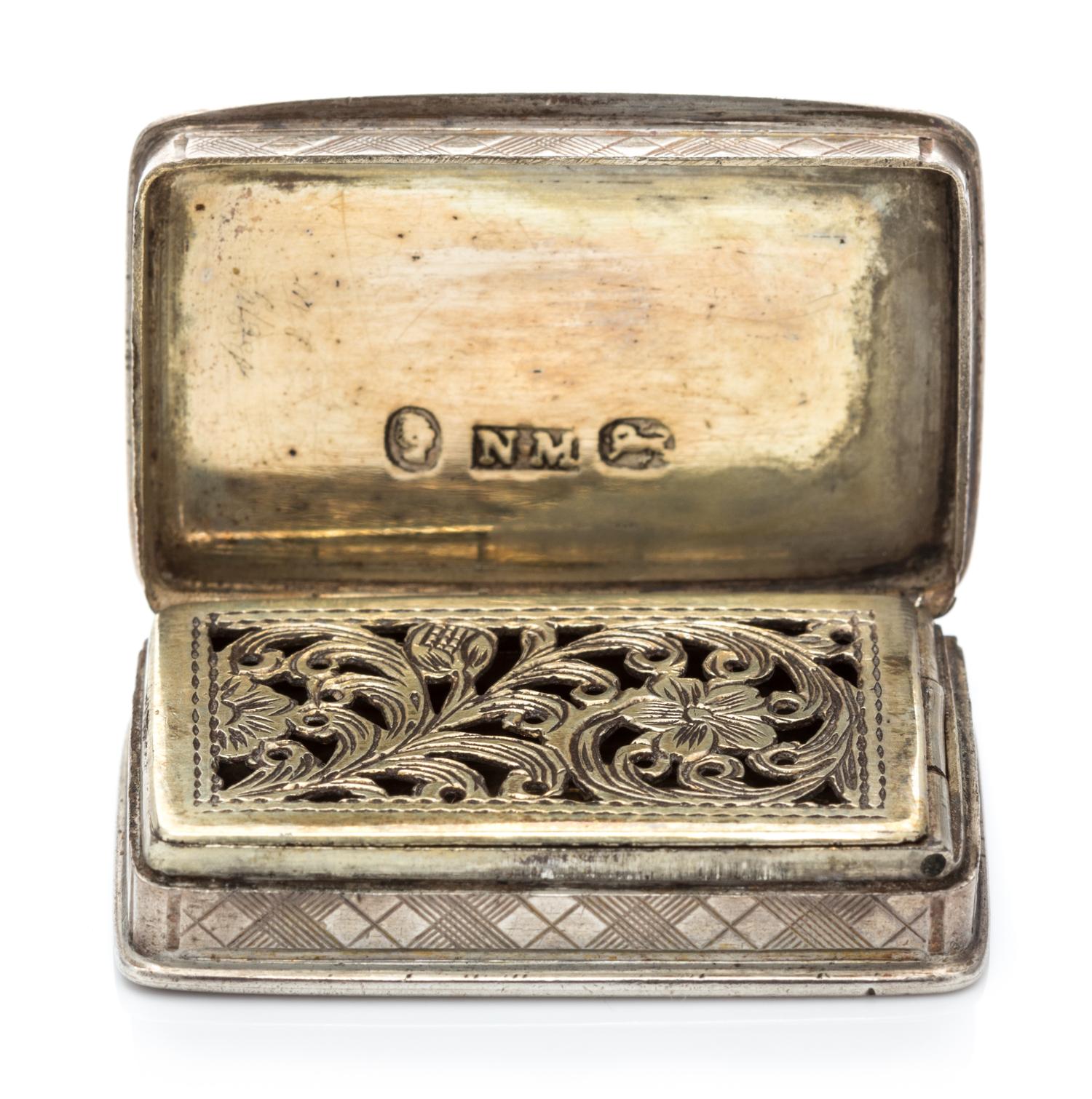 A William IV Silver Vinaigrette, Nathaniel Mills, Birmingham, 1838, the case worked with a geometric pattern.