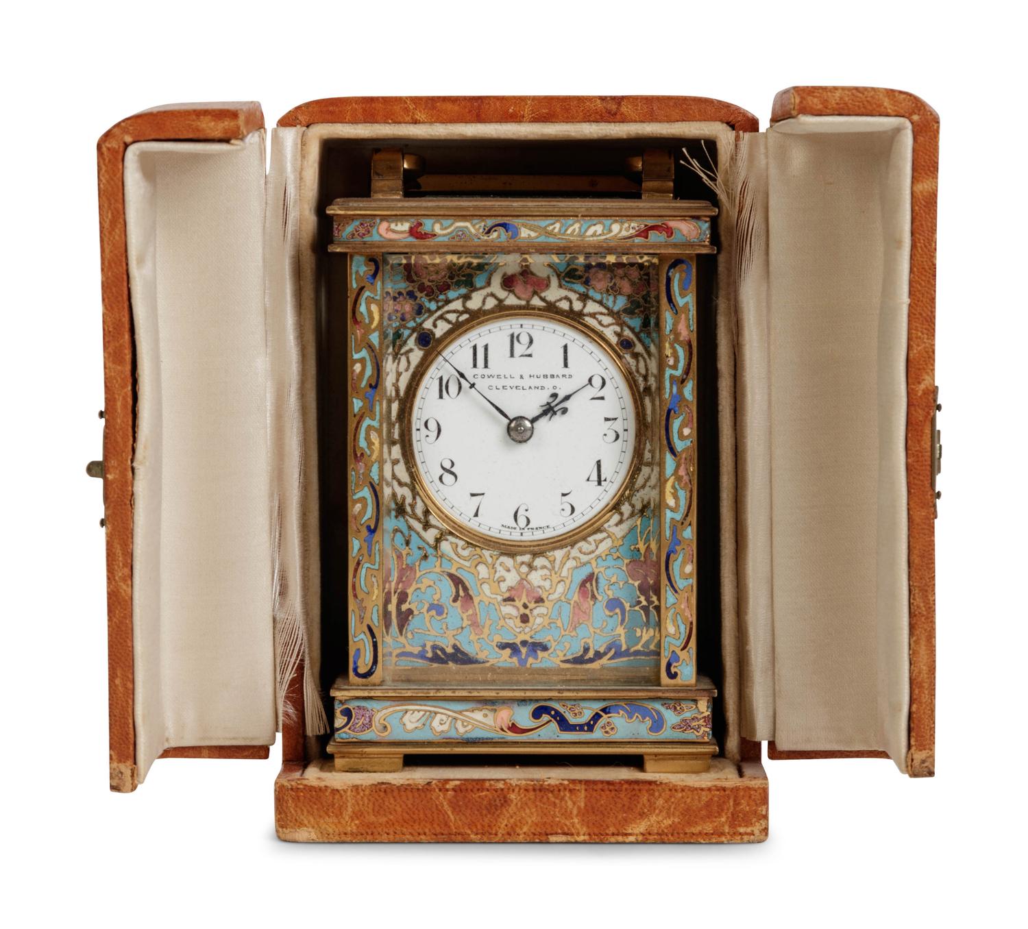 A French Champlevé Enamel Cased Carriage Clock Retailed by Cowell & Hubbard