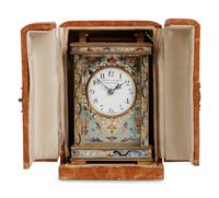 A French Champlevé Enamel Cased Carriage Clock Retailed by Cowell & Hubbard