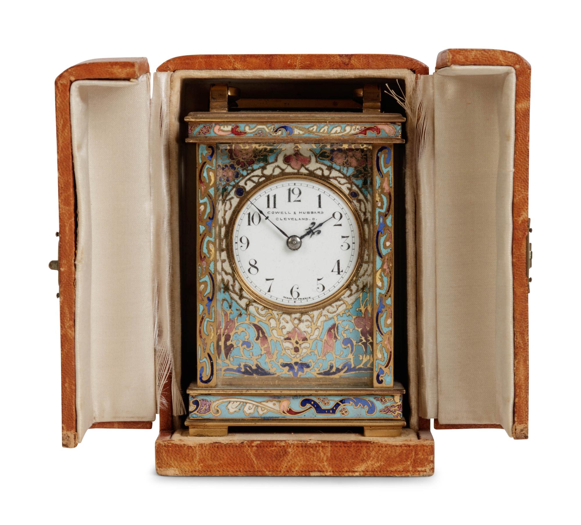 A French Champlevé Enamel Cased Carriage Clock Retailed by Cowell & Hubbard