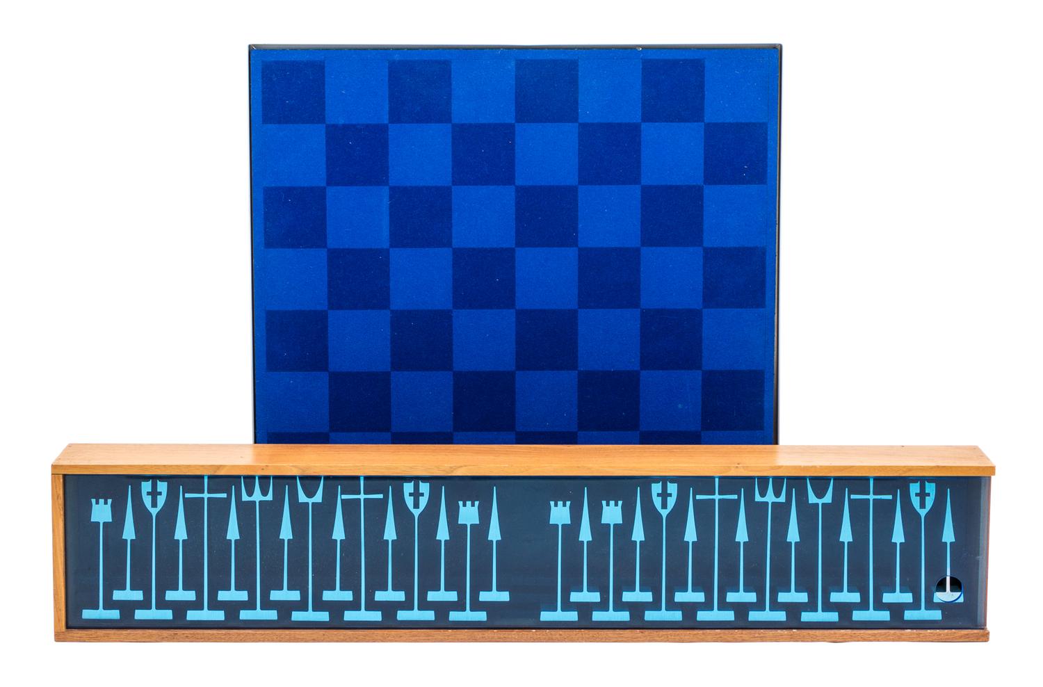 A Modernist Aluminum Chess Set, Austin Cox Board 19 x 19 1/8 inches. — AUSTIN ENTERPRISES, 1962