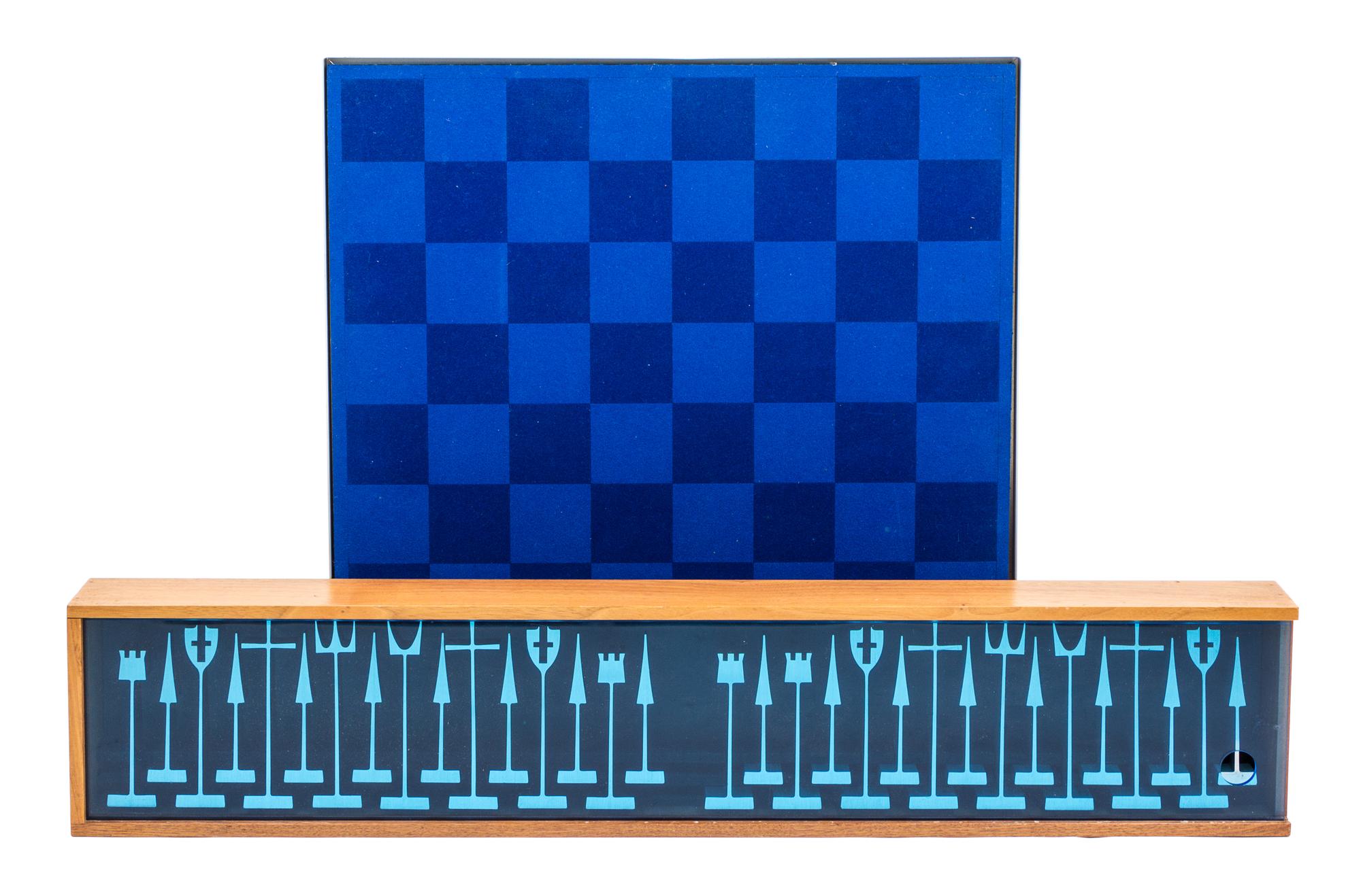 A Modernist Aluminum Chess Set, Austin Cox Board 19 x 19 1/8 inches. — AUSTIN ENTERPRISES, 1962