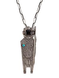 Tufa Cast Silver Figural Pendant, set with Jet and Turquoise