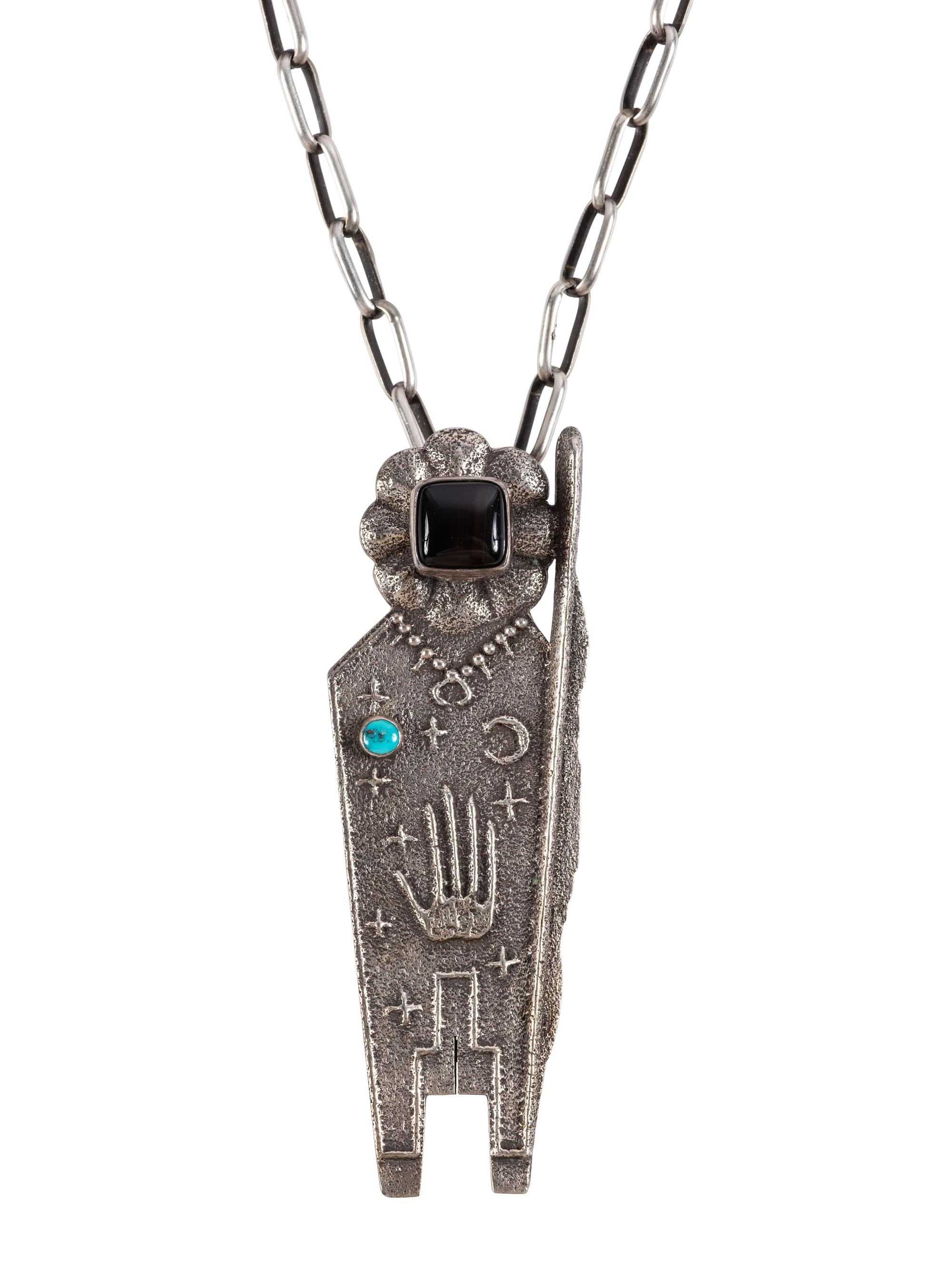 Tufa Cast Silver Figural Pendant, set with Jet and Turquoise