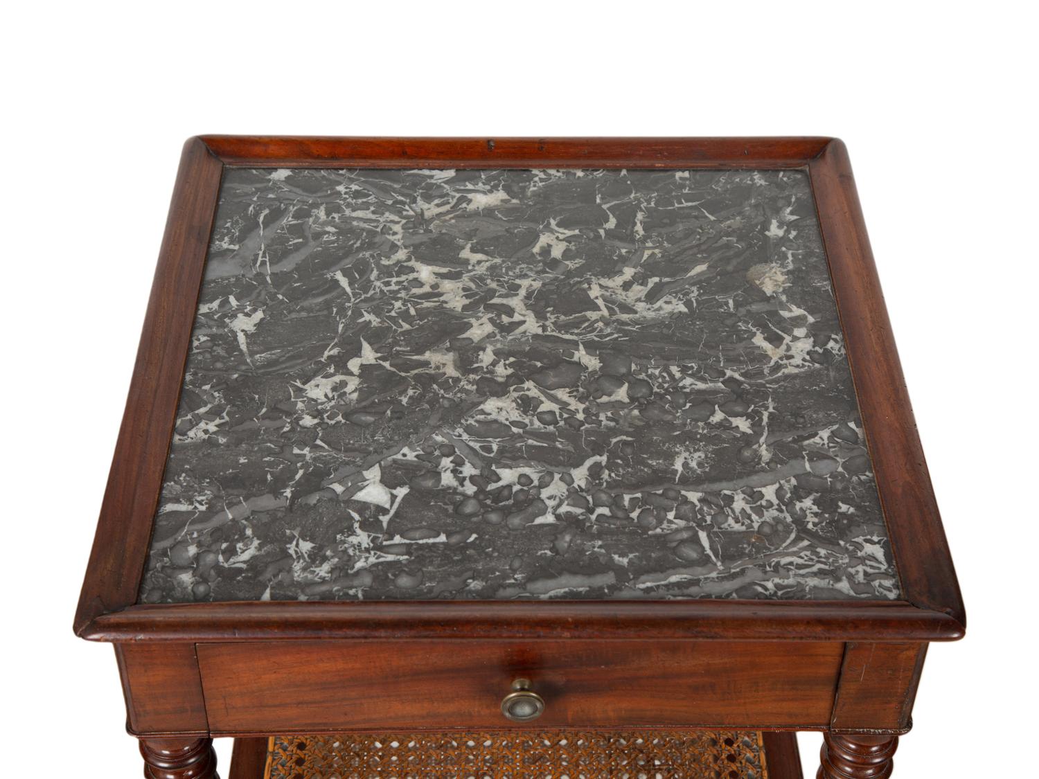A Group of Three French Mahogany Marble Top Side Tables with Tiered Canework Shelves — EARLY 20TH CENTURY