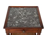 A Group of Three French Mahogany Marble Top Side Tables with Tiered Canework Shelves — EARLY 20TH CENTURY