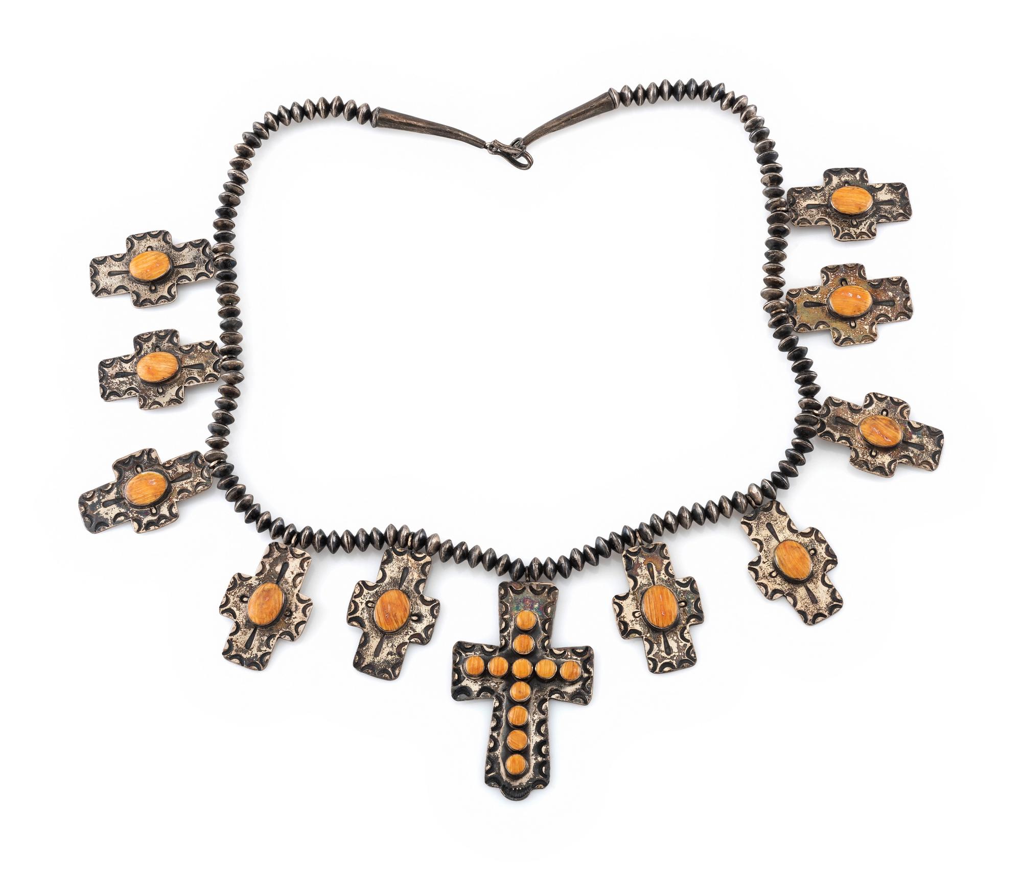 Navajo Spiny Oyster and Silver Cross Necklace
