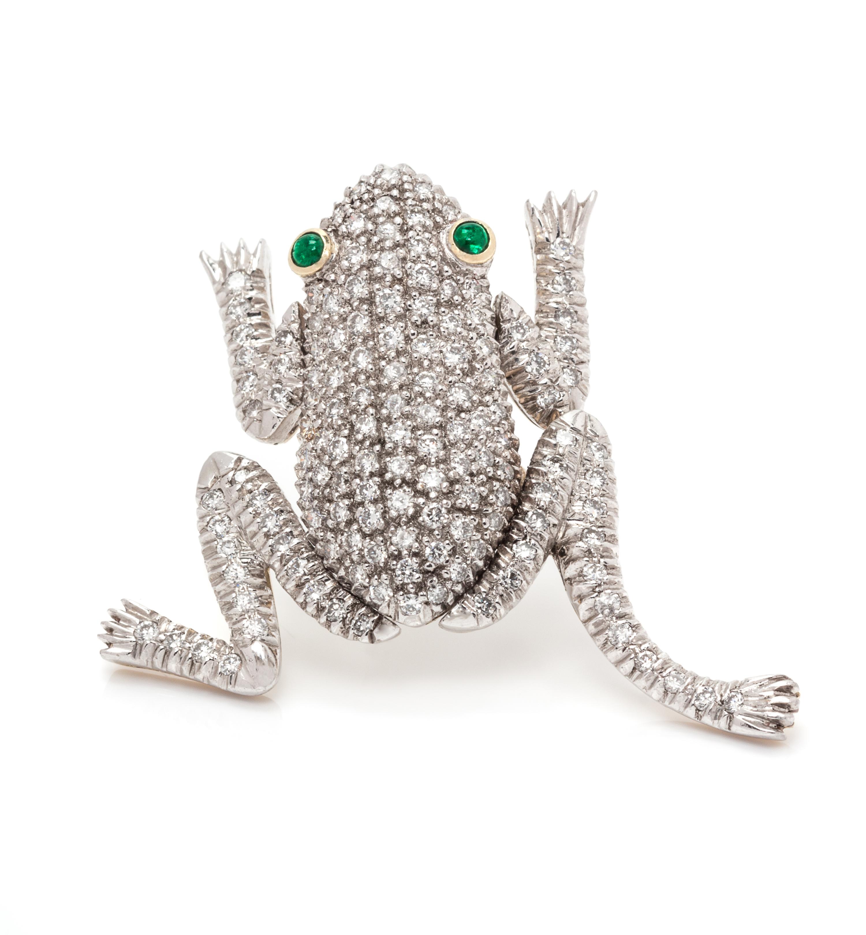 An 18 Karat Bicolor Gold, Diamond and Emerald Articulated Frog Brooch, 7.95 dwts.