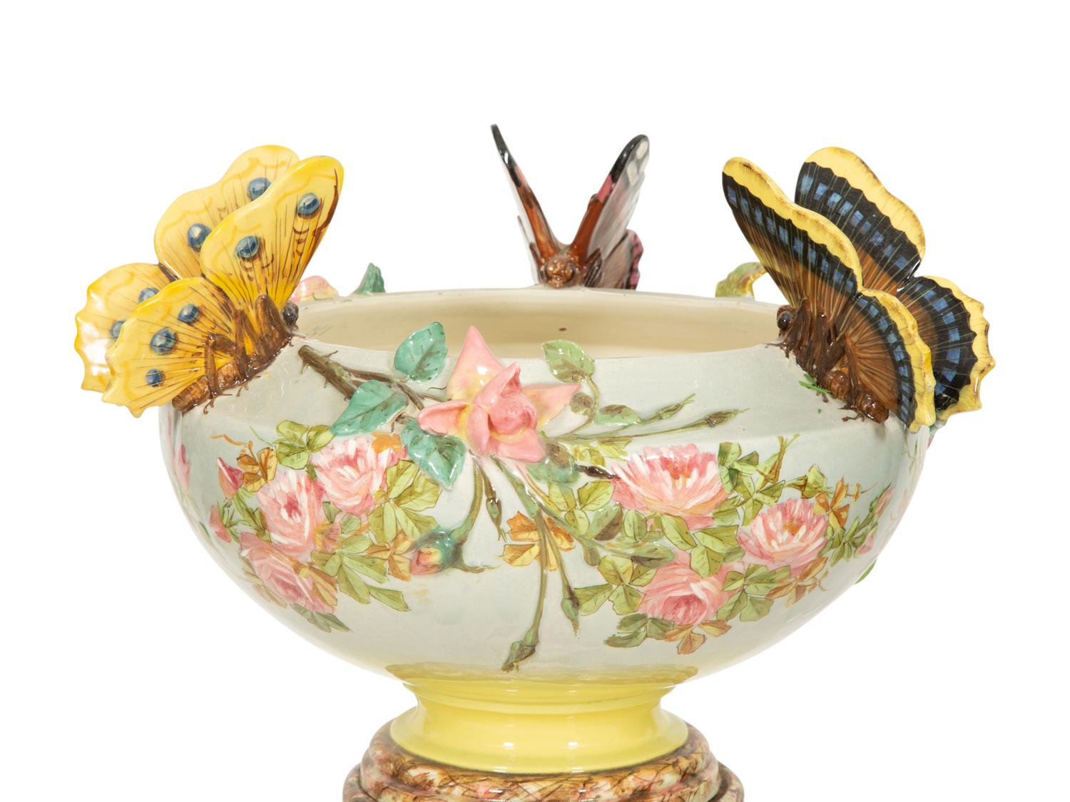 A Jerome Massier for Vallauris Majolica Roses and Butterfly Jardiniere on a Flamingo Pestal