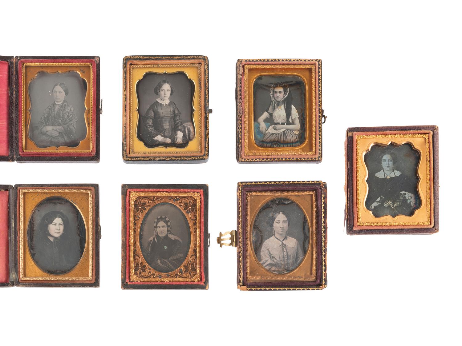 [EARLY PHOTOGRAPHY]. 17 ninth plate daguerreotypes of female subjects and 3 ninth plate ambrotypes.