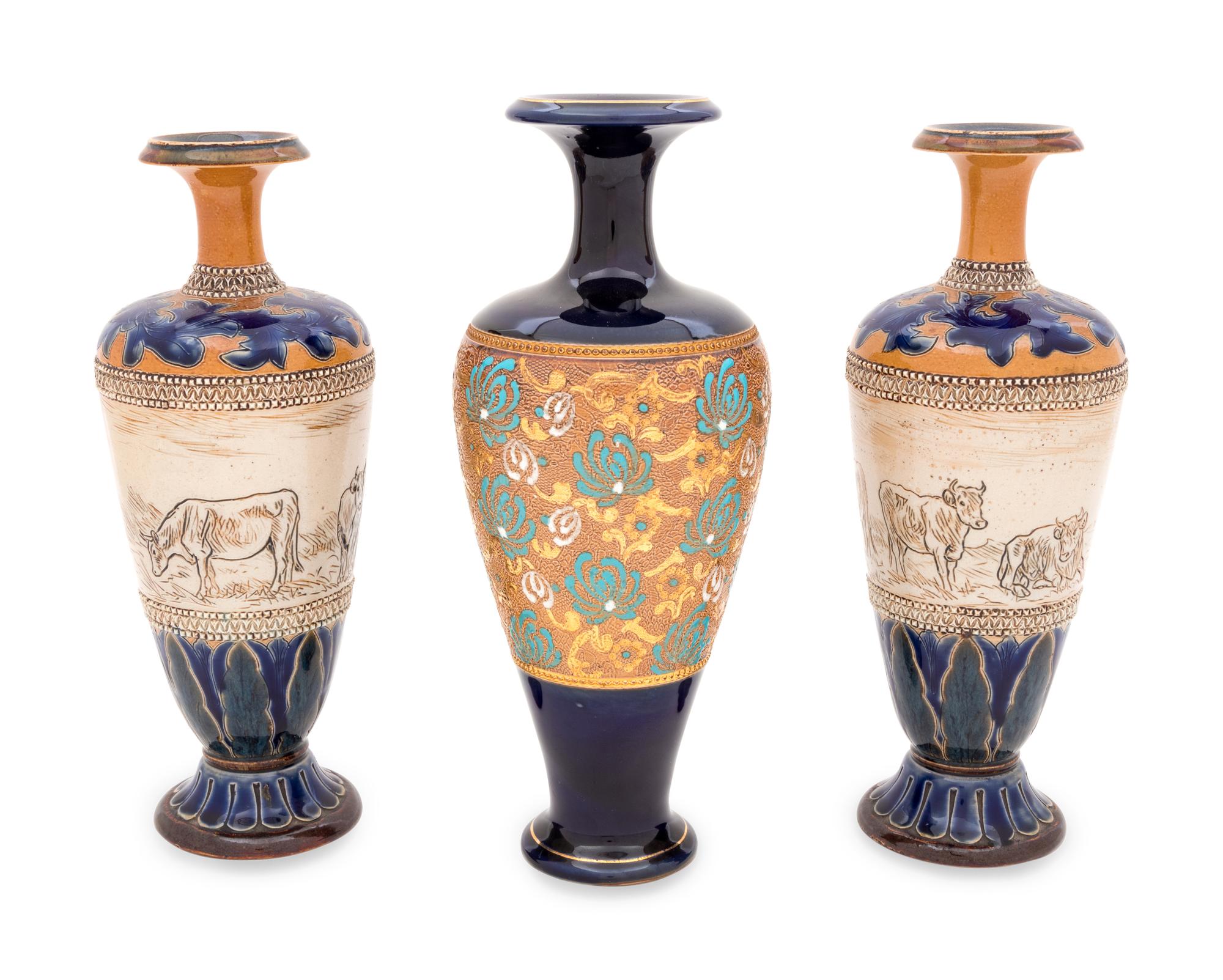 A Pair of Doulton Lambeth Stoneware Vases and a Royal Doulton Vase