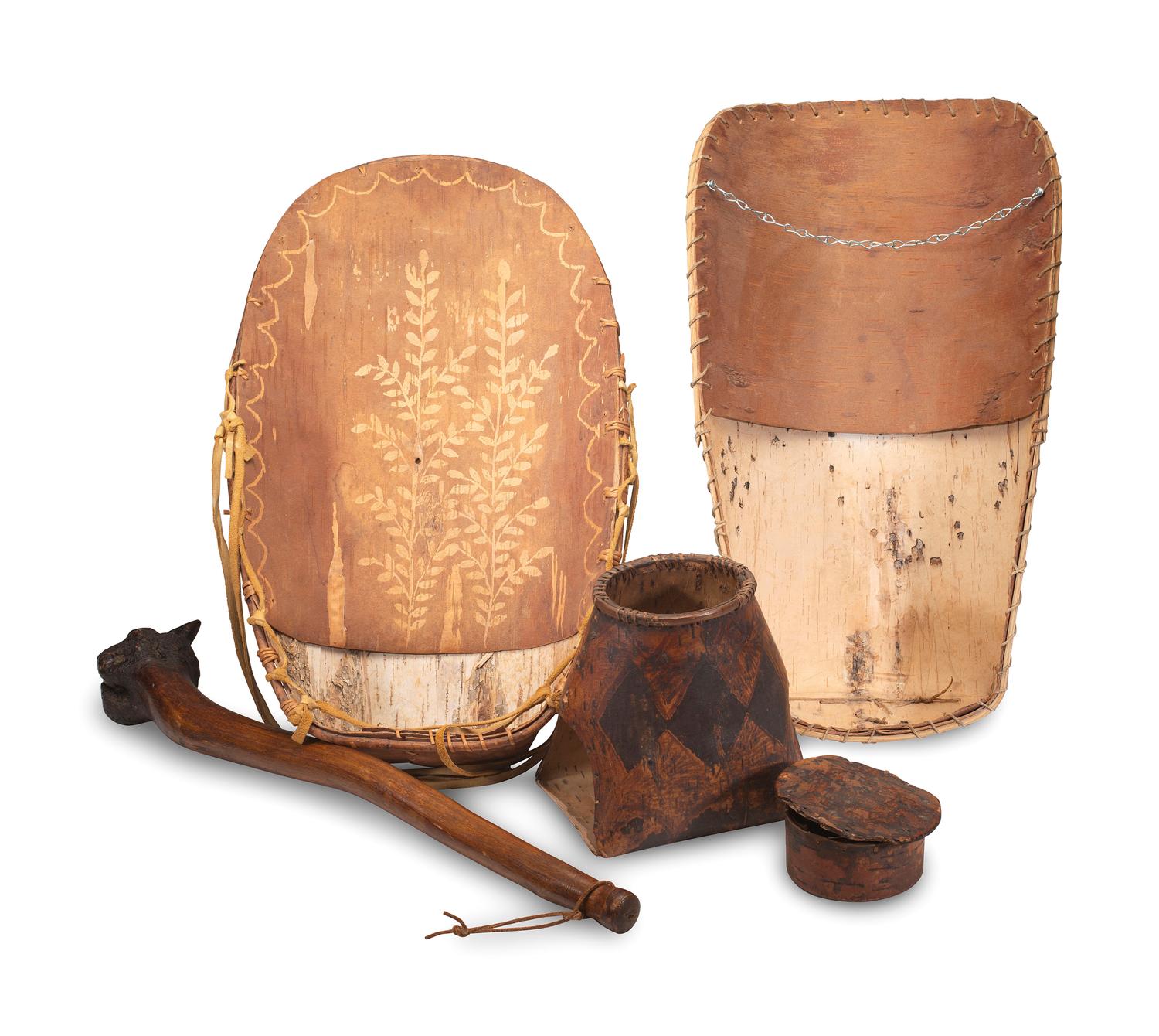 Penobscot Club and Decorated Birchbark Cradles
