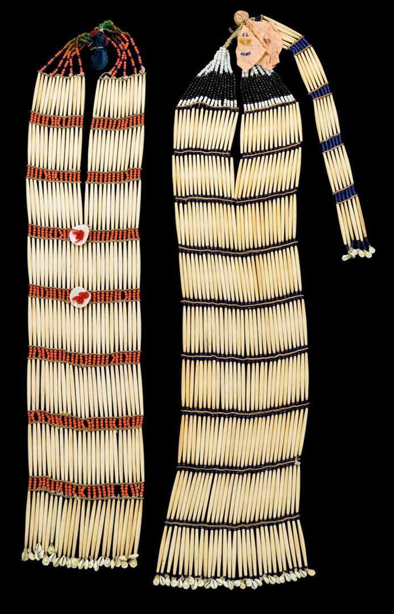 Two Sioux women's ceremonial hair pipe bone and bead breast plates fort yates, north dakota, mid 20th century