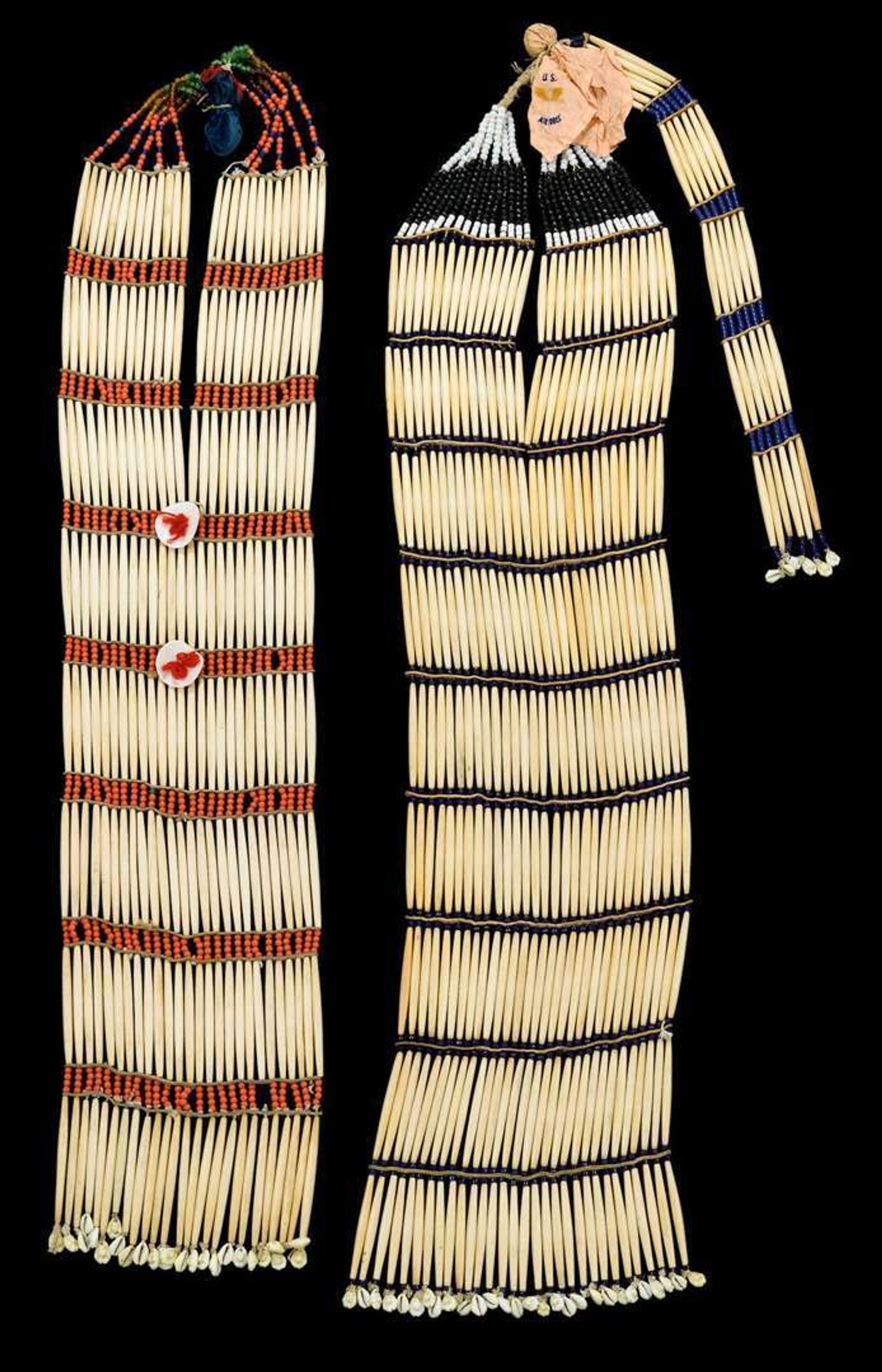 Two Sioux women's ceremonial hair pipe bone and bead breast plates fort yates, north dakota, mid 20th century