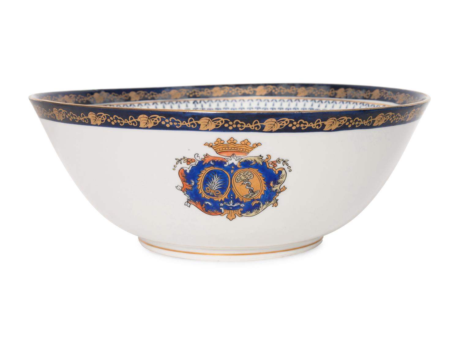 Two Chinese Export Porcelain Punch Bowls and Associated Canton Ware Platter