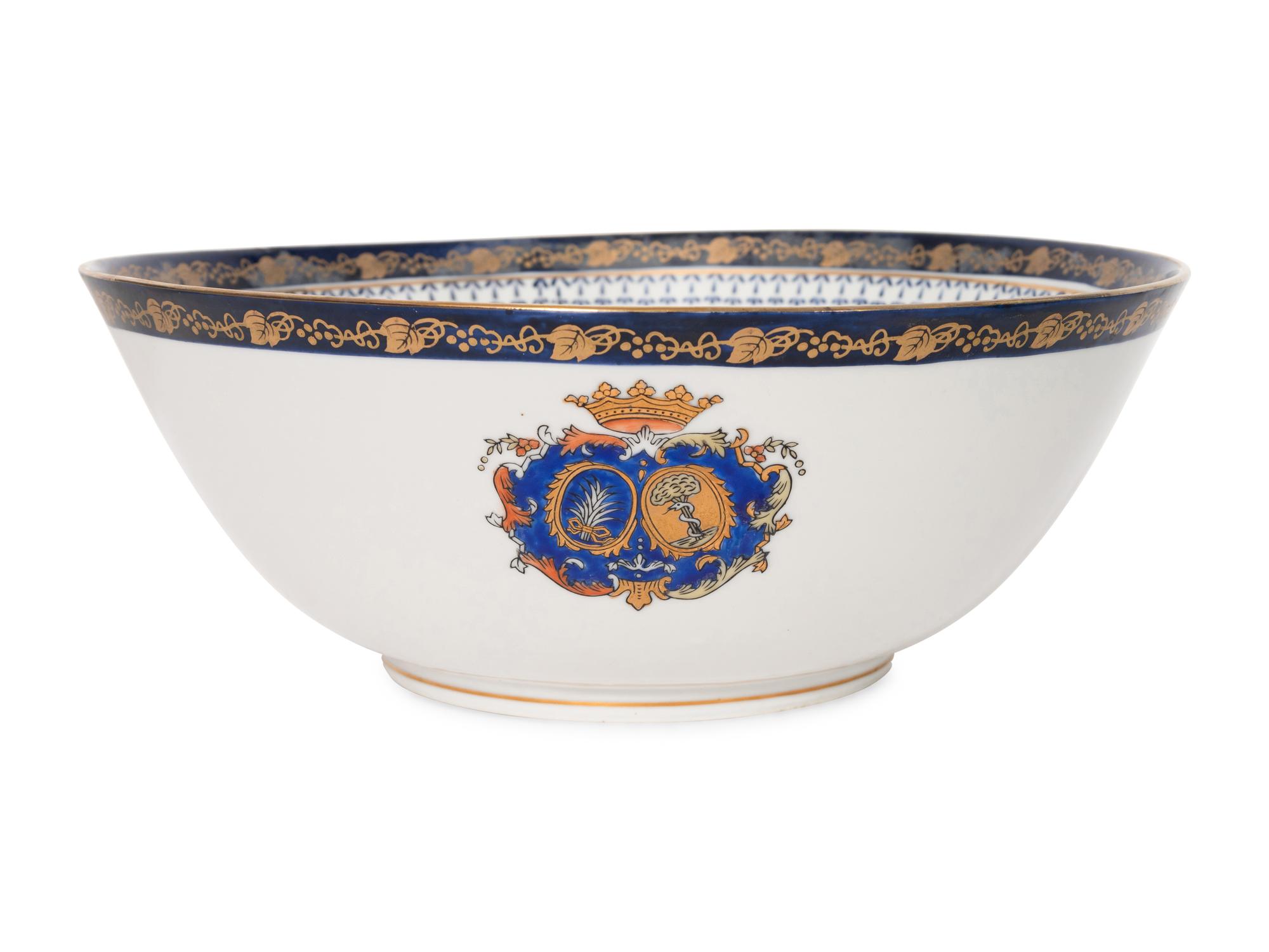 Two Chinese Export Porcelain Punch Bowls and Associated Canton Ware Platter
