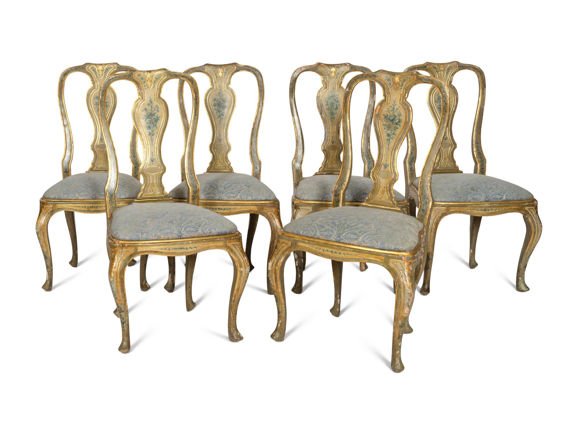 A Set of Six Italian Rococo Polychrome-Painted and Parcel-Gilt Dining Chairs