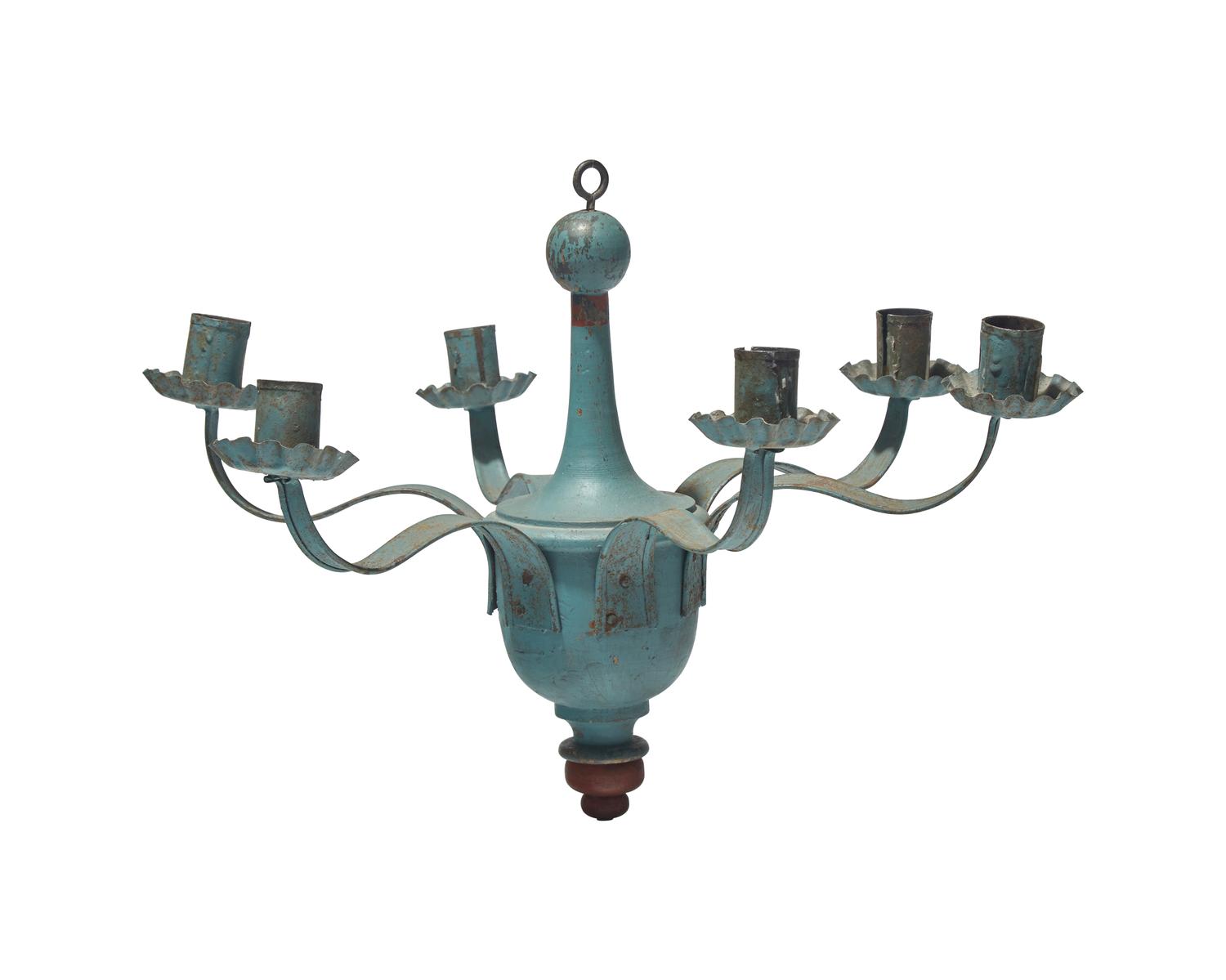 A Small Federal Blue-Painted Six-Arm Turned Wood and Tin Chandelier