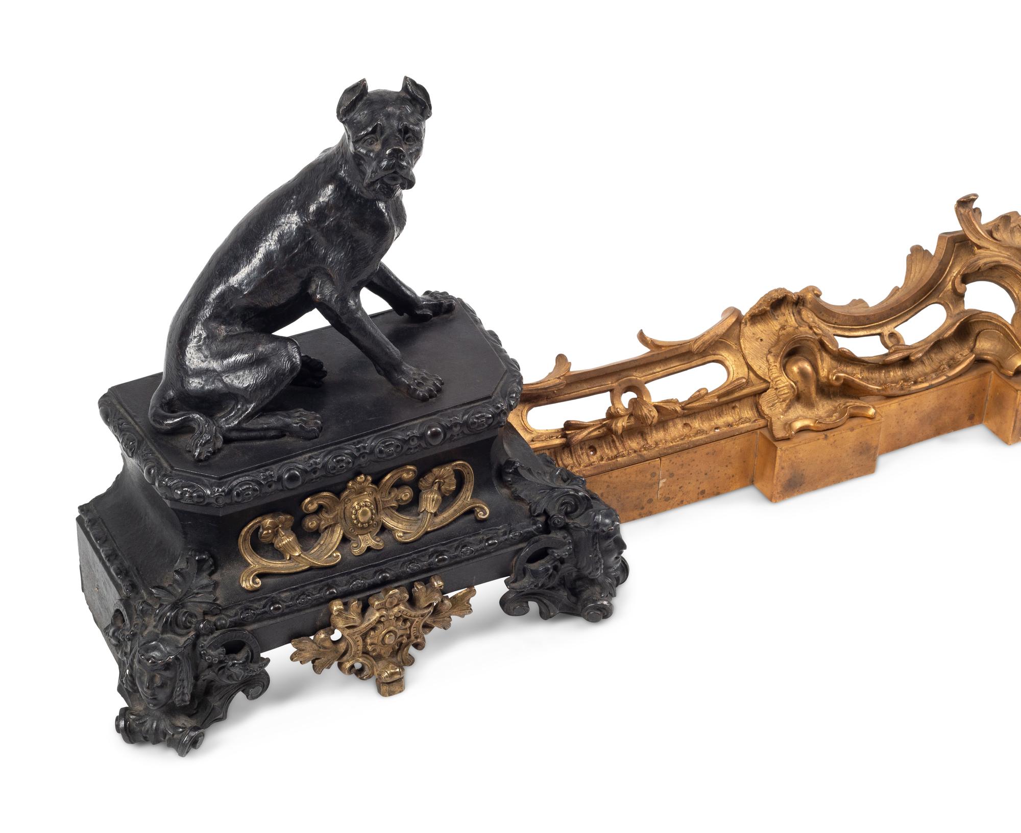 A Gilt and Patinated Bronze Fire Fender with Dog-Form Chenets