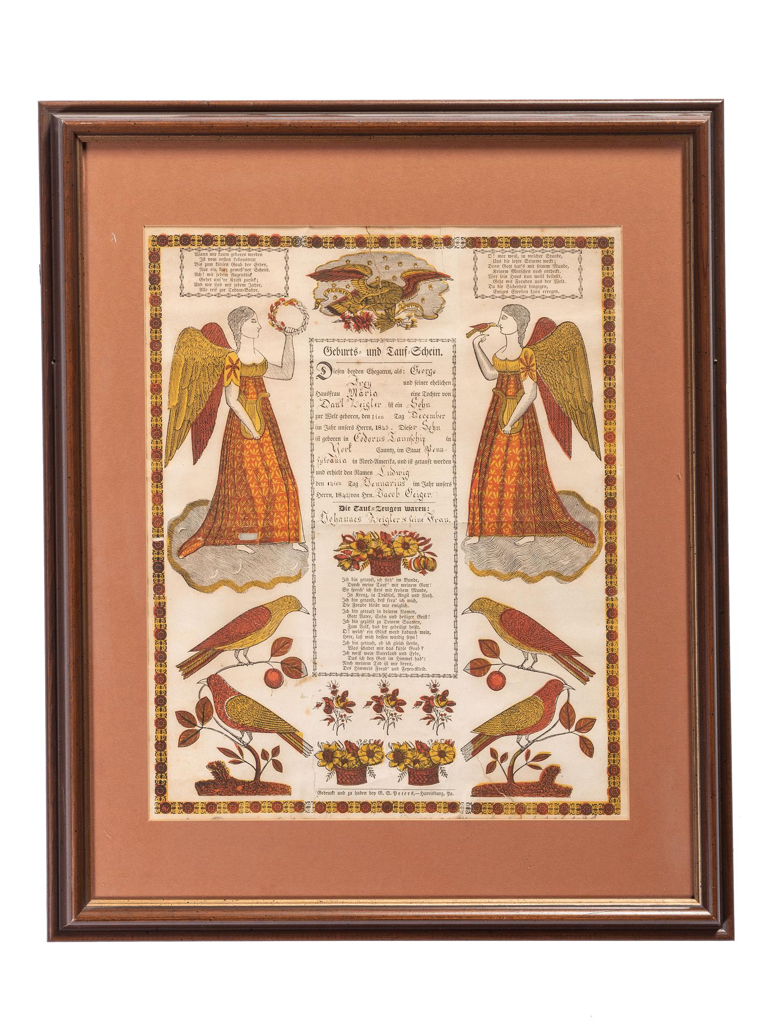 A Partially Printed and Watercolor Decorated Birth and Baptism Fractur Identified to George Frey