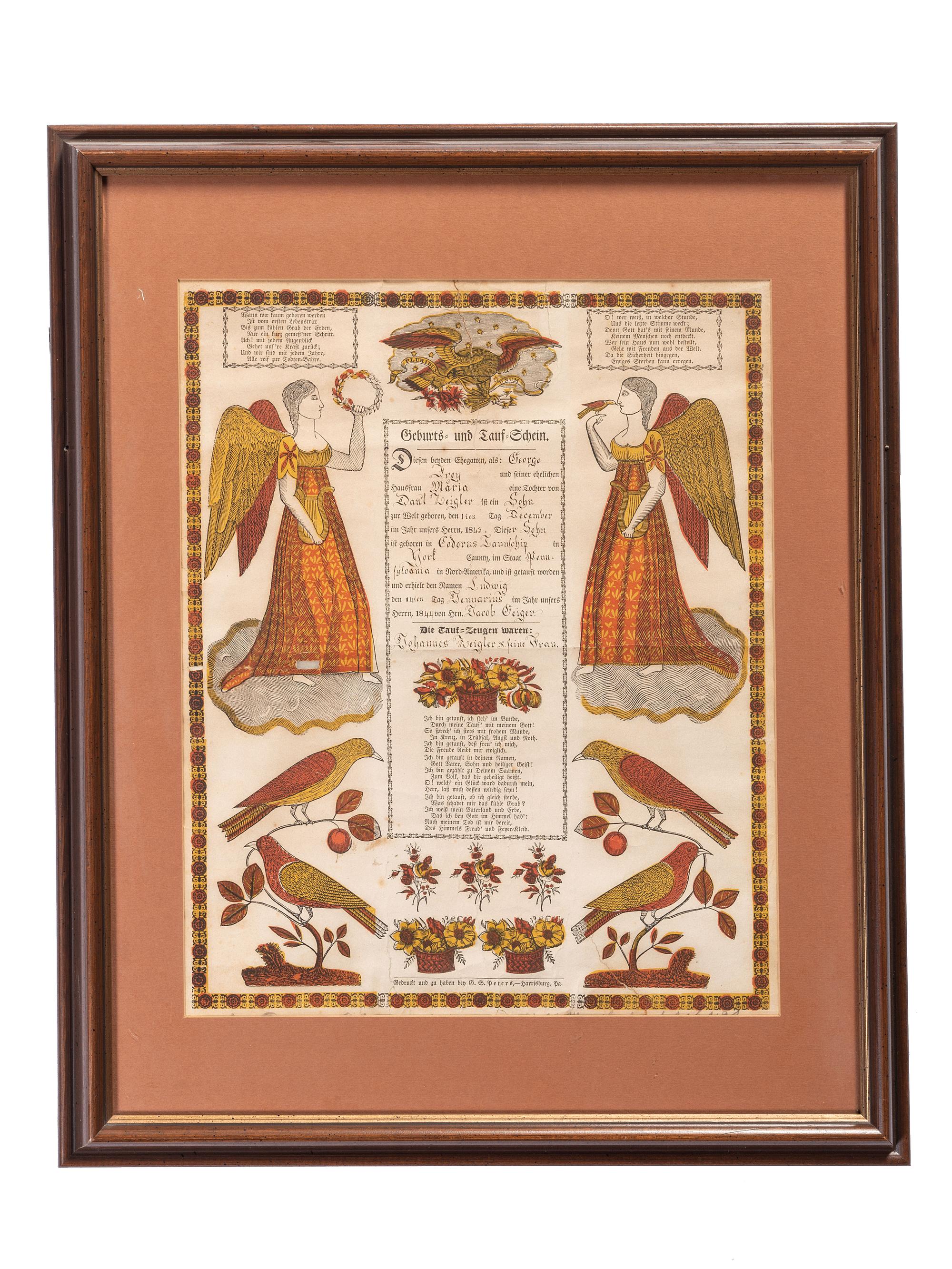 A Partially Printed and Watercolor Decorated Birth and Baptism Fractur Identified to George Frey