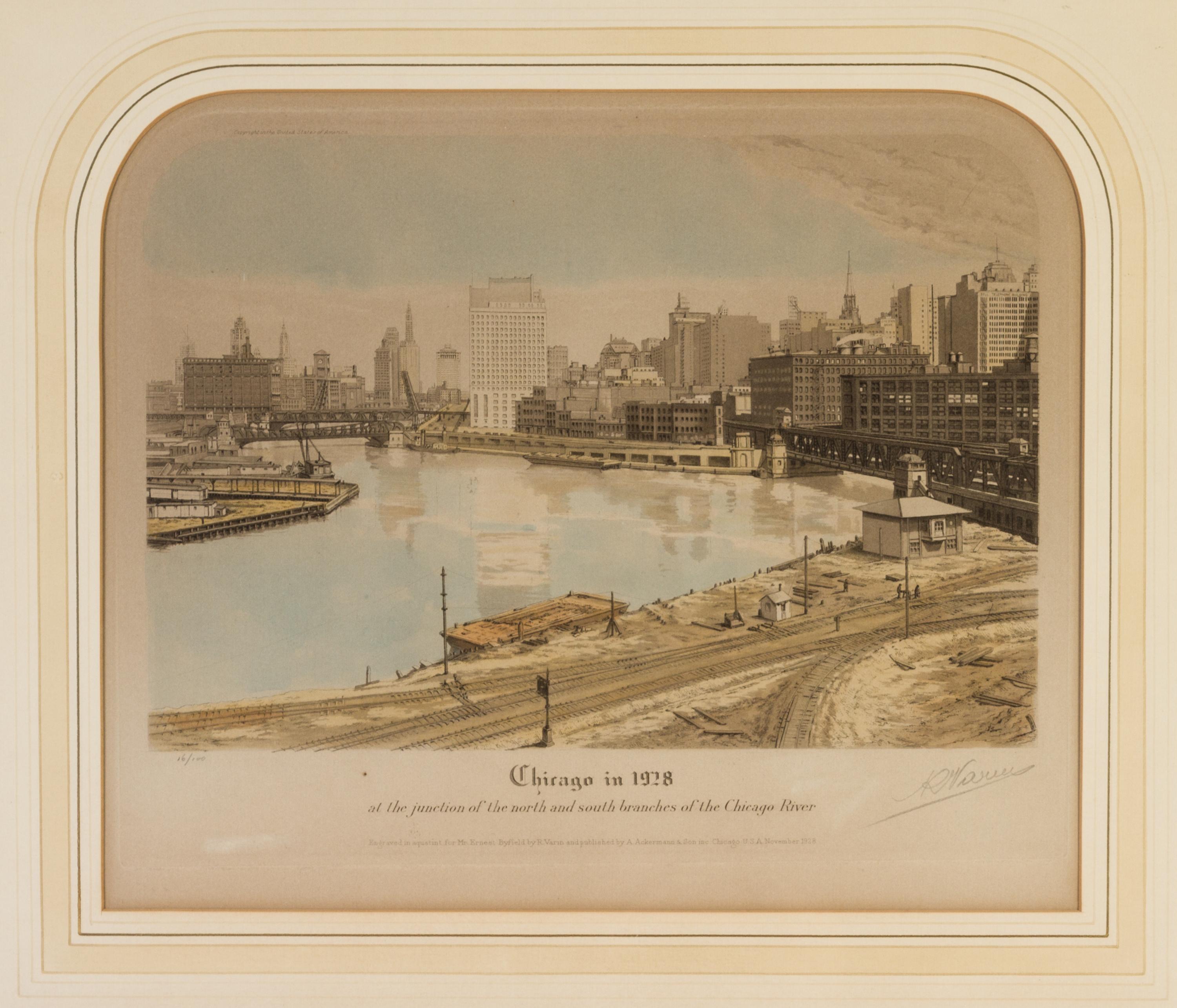 (CHICAGO) VARIN, RAOUL. A group of four original color aquatints, depicting various views of Chicago, various dates. Framed.