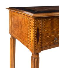 A Continental Burl Walnut, Calamander and Marquetry Side Table
