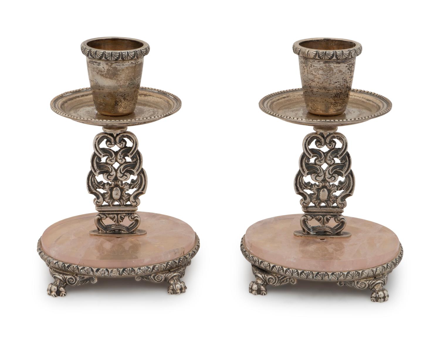 A Pair of Italian .800 Silver and Rose Quartz Candlesticks — Faraone Milano, 20th Century