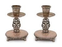 A Pair of Italian .800 Silver and Rose Quartz Candlesticks — Faraone Milano, 20th Century