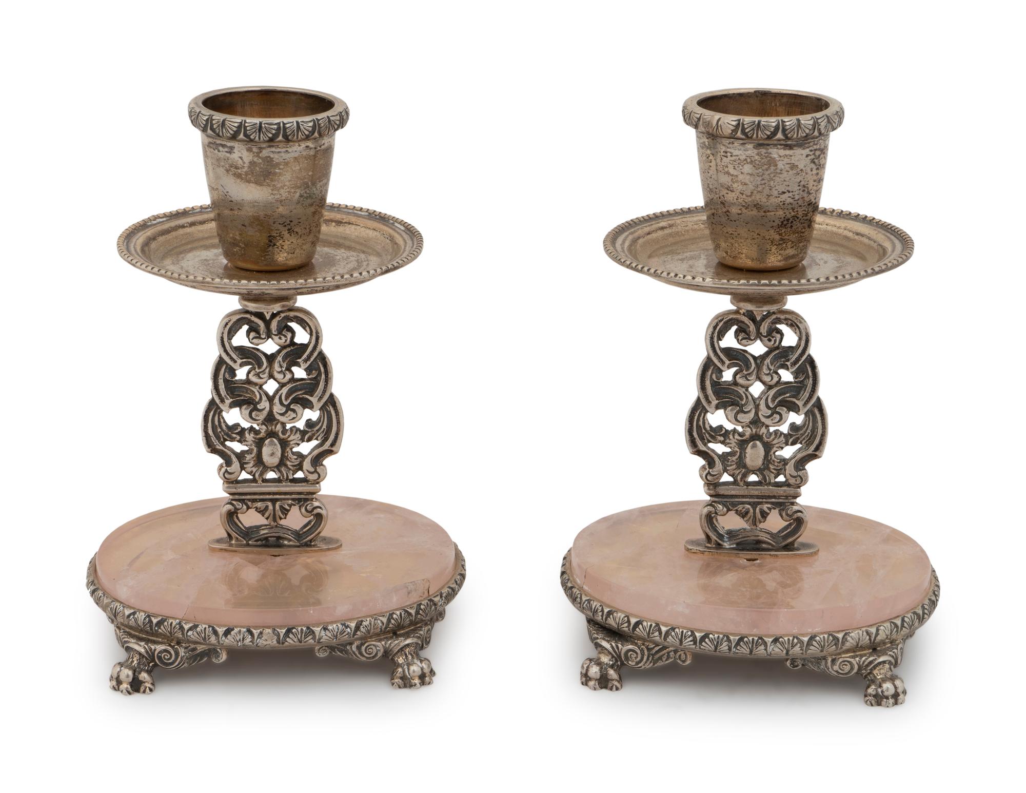 A Pair of Italian .800 Silver and Rose Quartz Candlesticks — Faraone Milano, 20th Century