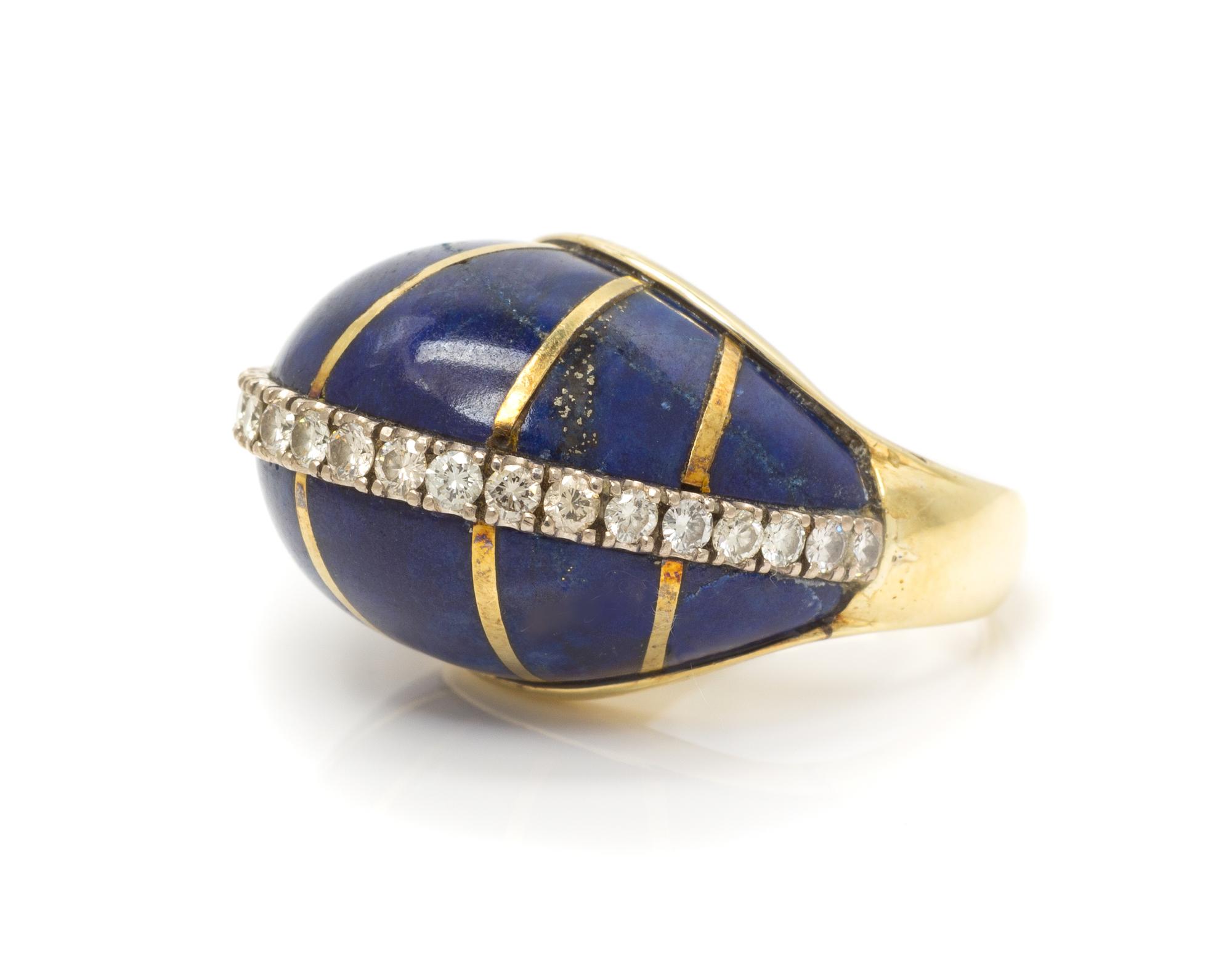 A Yellow Gold, Lapis Lazuli and Diamond Bombe Ring, 10.90 dwts.